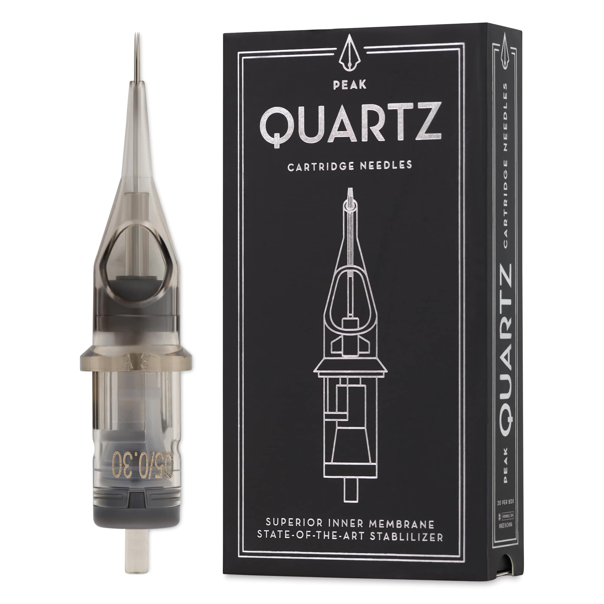 Peak Quartz Round Shader Medium Taper Tattoo Needle Cartridges - #10, 5 Needles, Pkg of 20, needle and packaging