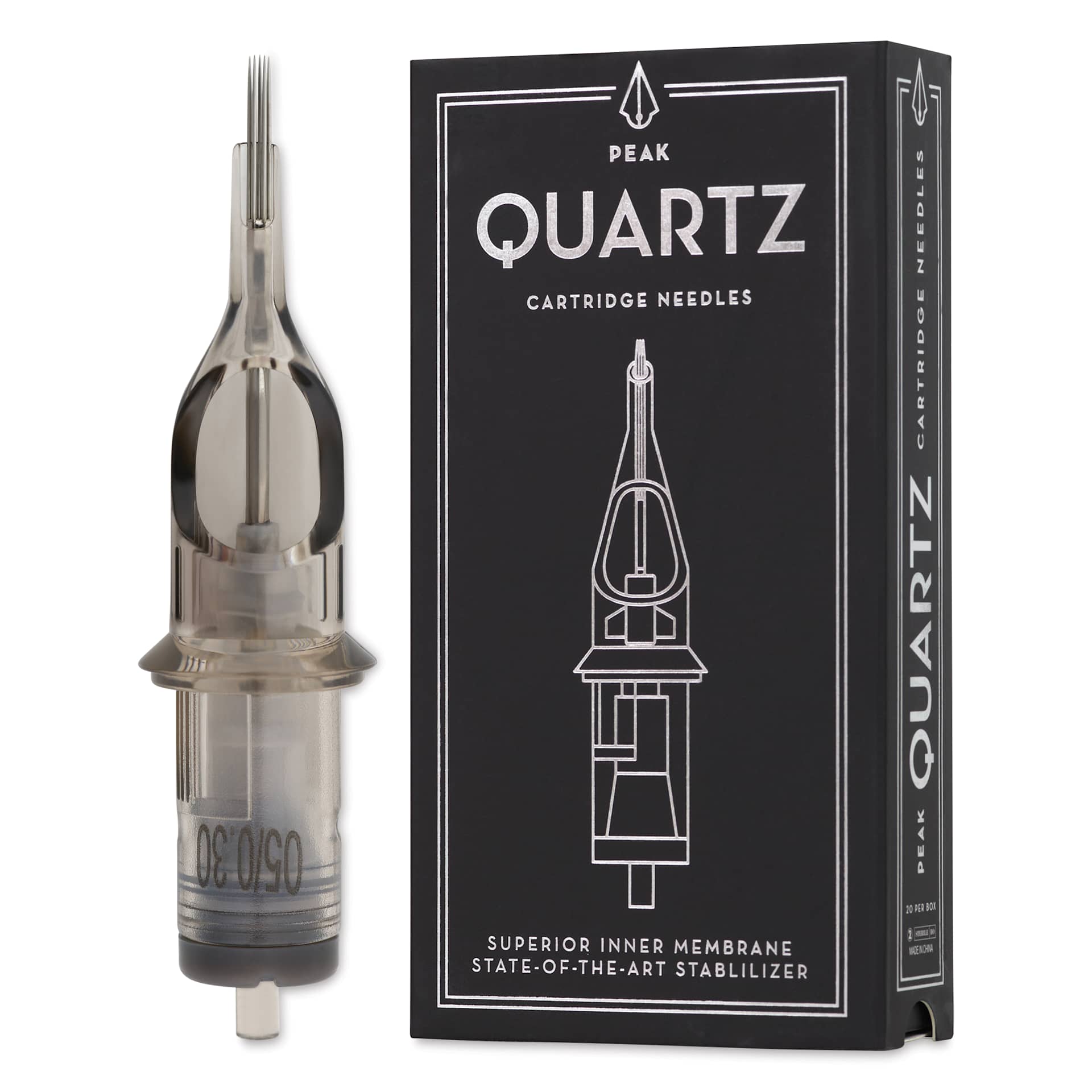 Peak Quartz Curved Magnum Medium Taper Tattoo Needle Cartridges - #10, 5 Needles, Pkg of 20, needle and packaging