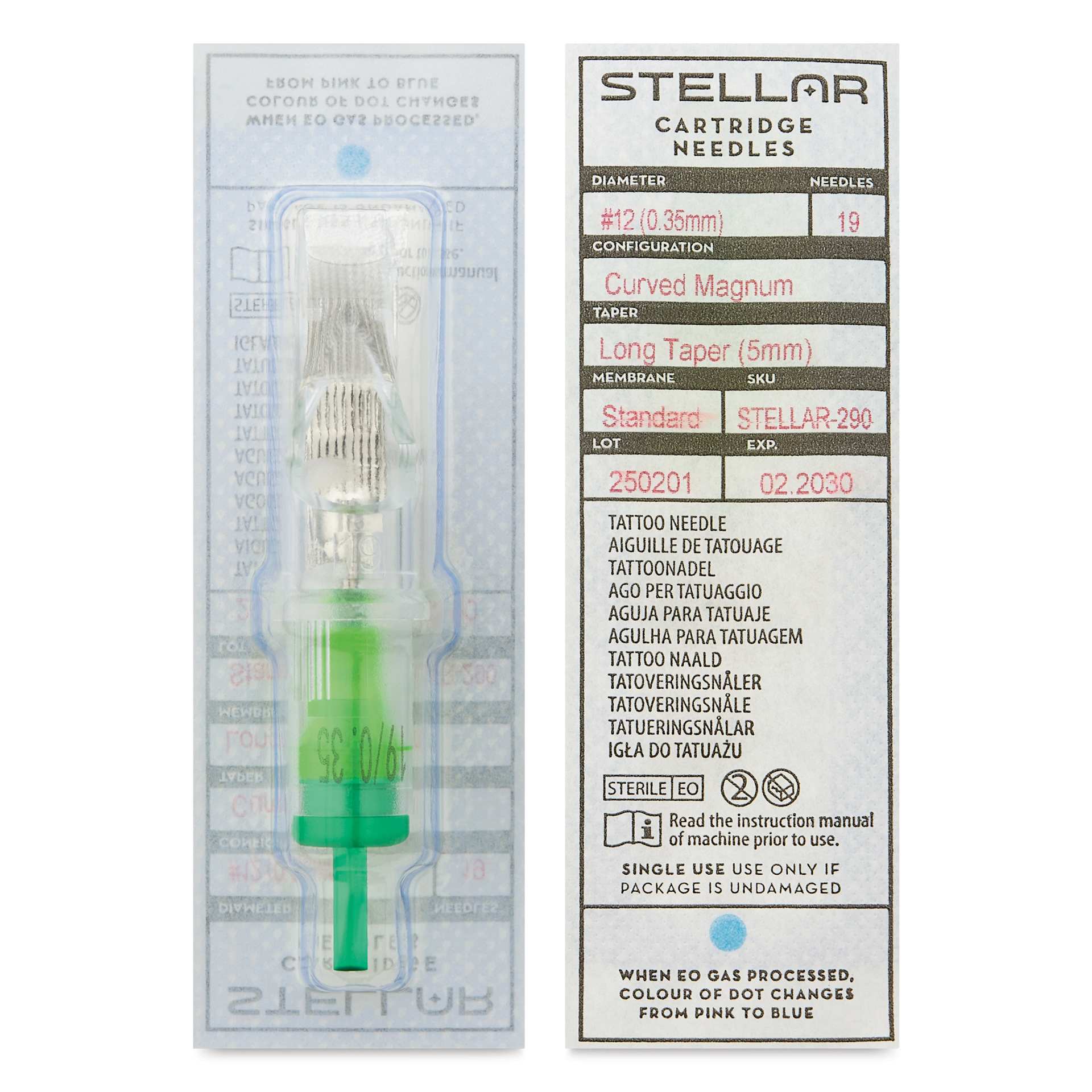 Peak Stellar Curved Magnum Long Taper Tattoo Needle Cartridges - #12, 19 Needles, Pkg of 20, front and back of packaging