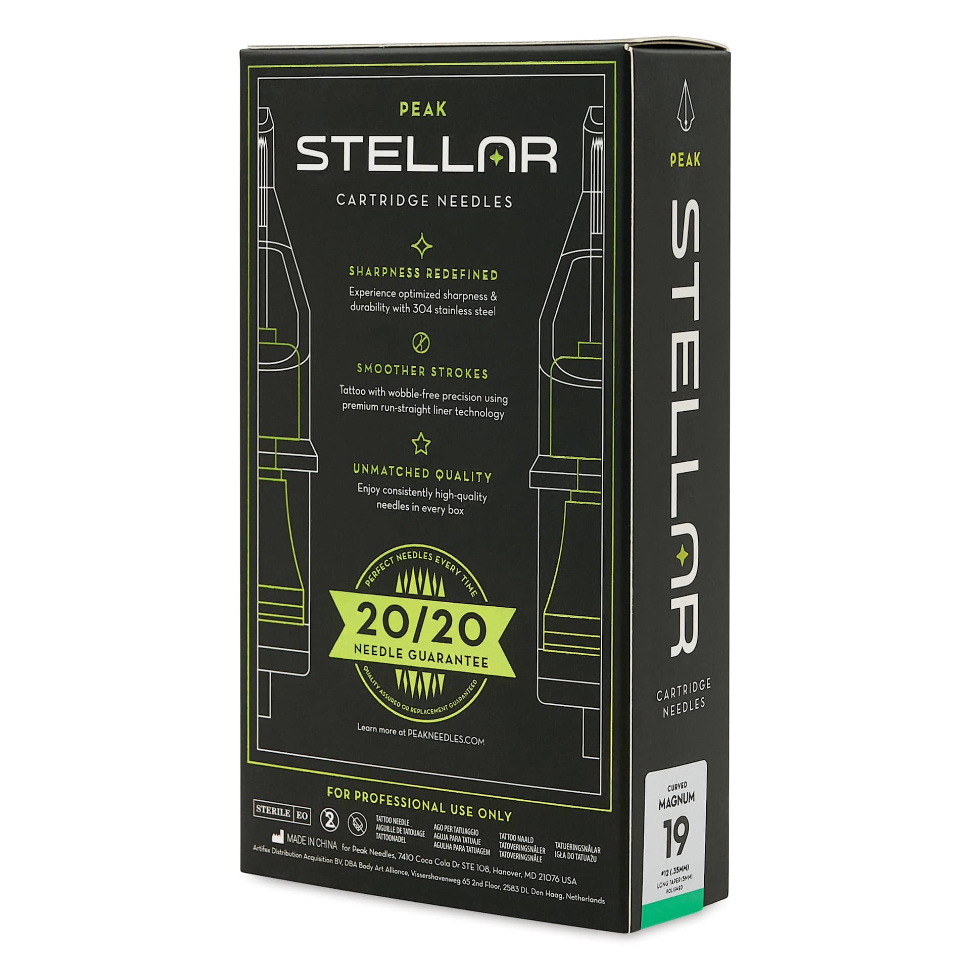 Peak Stellar Curved Magnum Long Taper Tattoo Needle Cartridges - #12, 19 Needles, Pkg of 20, packaging