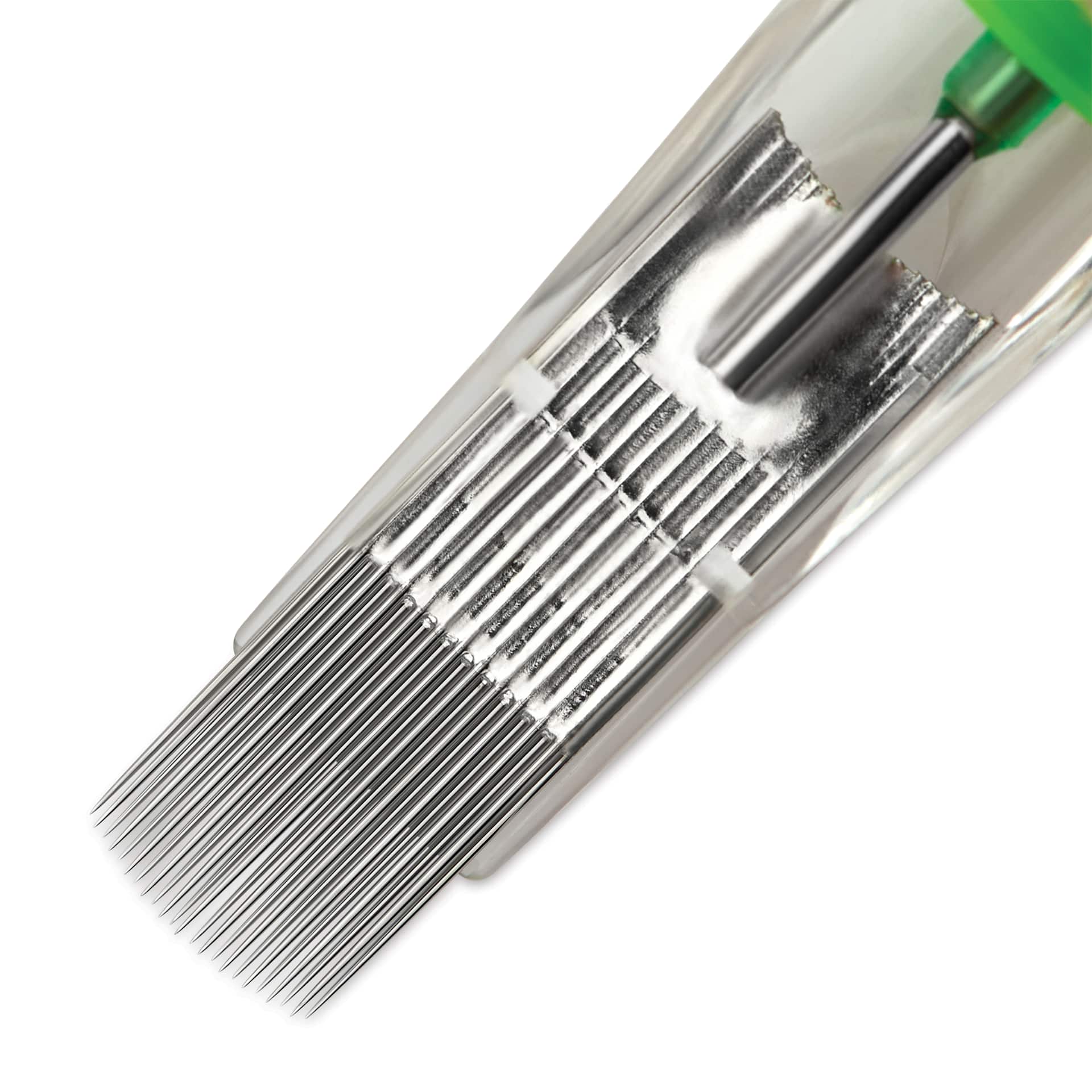 Peak Stellar Curved Magnum Long Taper Tattoo Needle Cartridges - #12, 23 Needles, Pkg of 20, close-up of needle