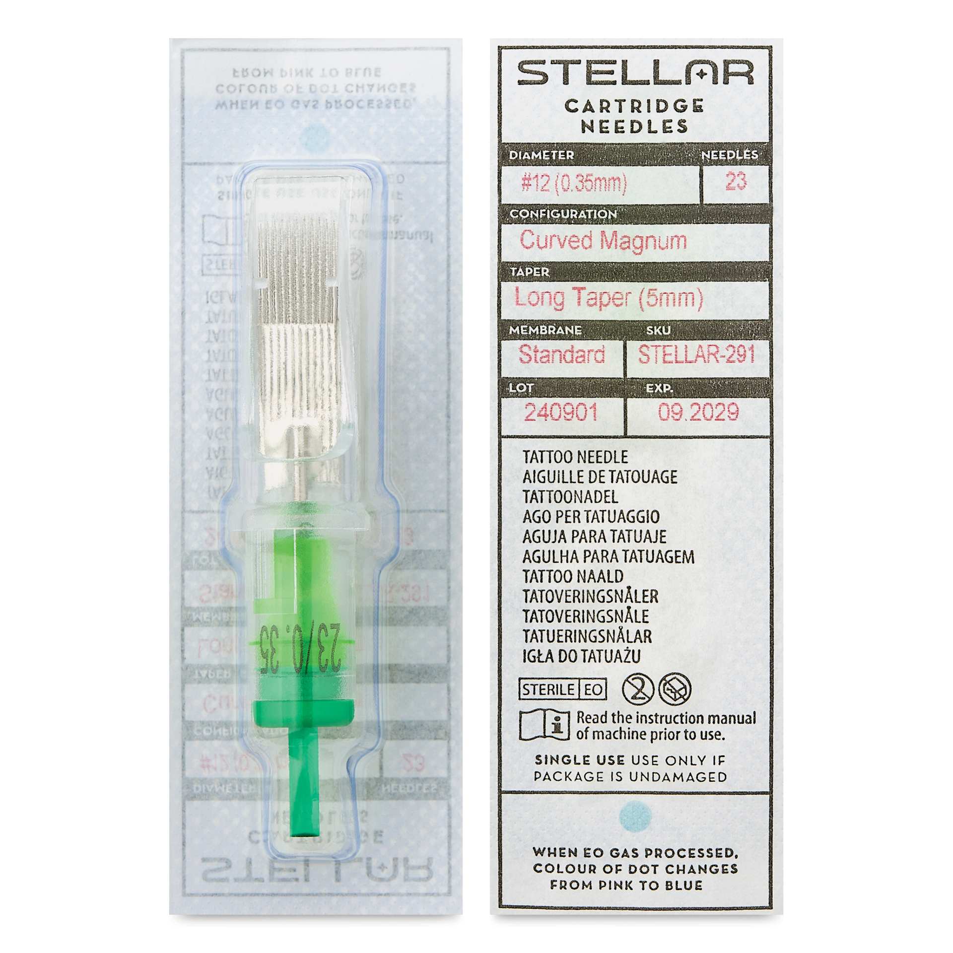 Peak Stellar Curved Magnum Long Taper Tattoo Needle Cartridges - #12, 23 Needles, Pkg of 20, front and back of packaging