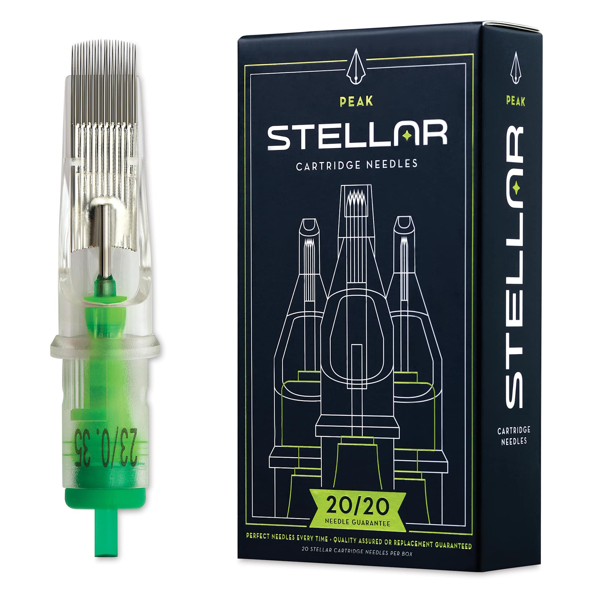 Peak Stellar Curved Magnum Long Taper Tattoo Needle Cartridges - #12, 23 Needles, Pkg of 20, needle and packaging