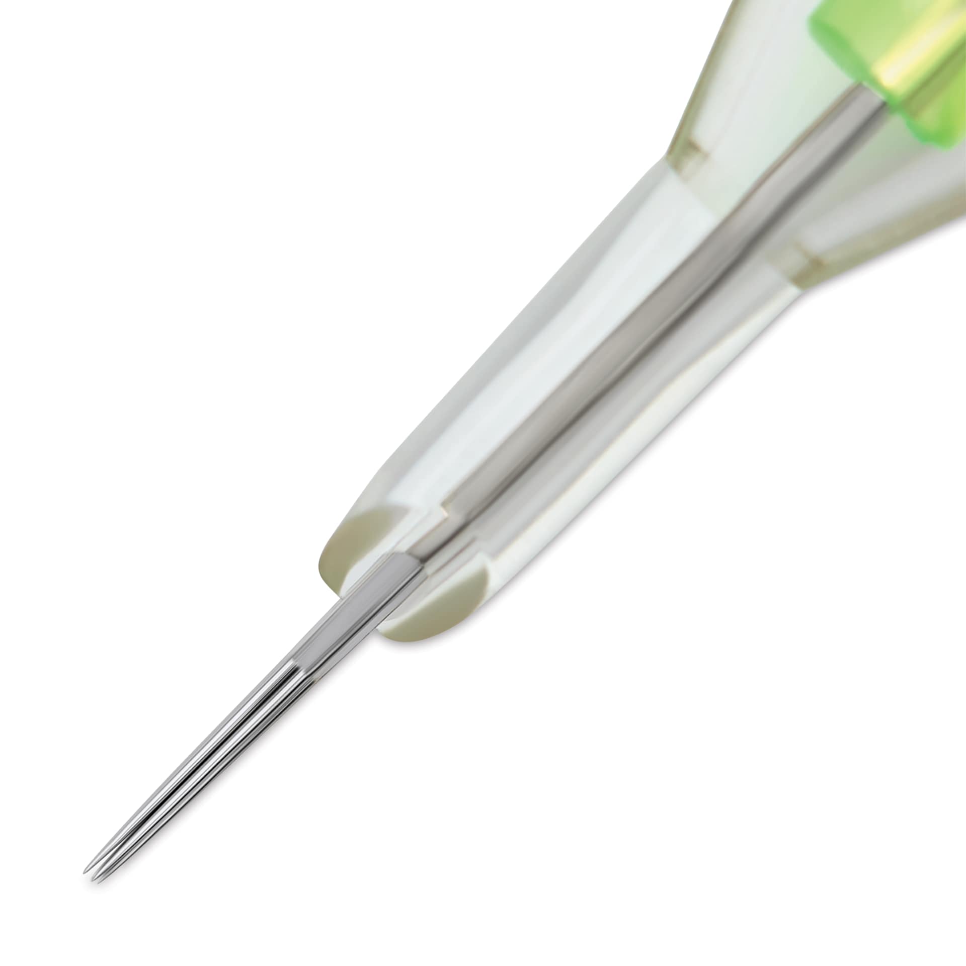 Peak Stellar Round Liner Long Taper Tattoo Needle Cartridges - #10, 5 Needles, Pkg of 20, close-up of needle