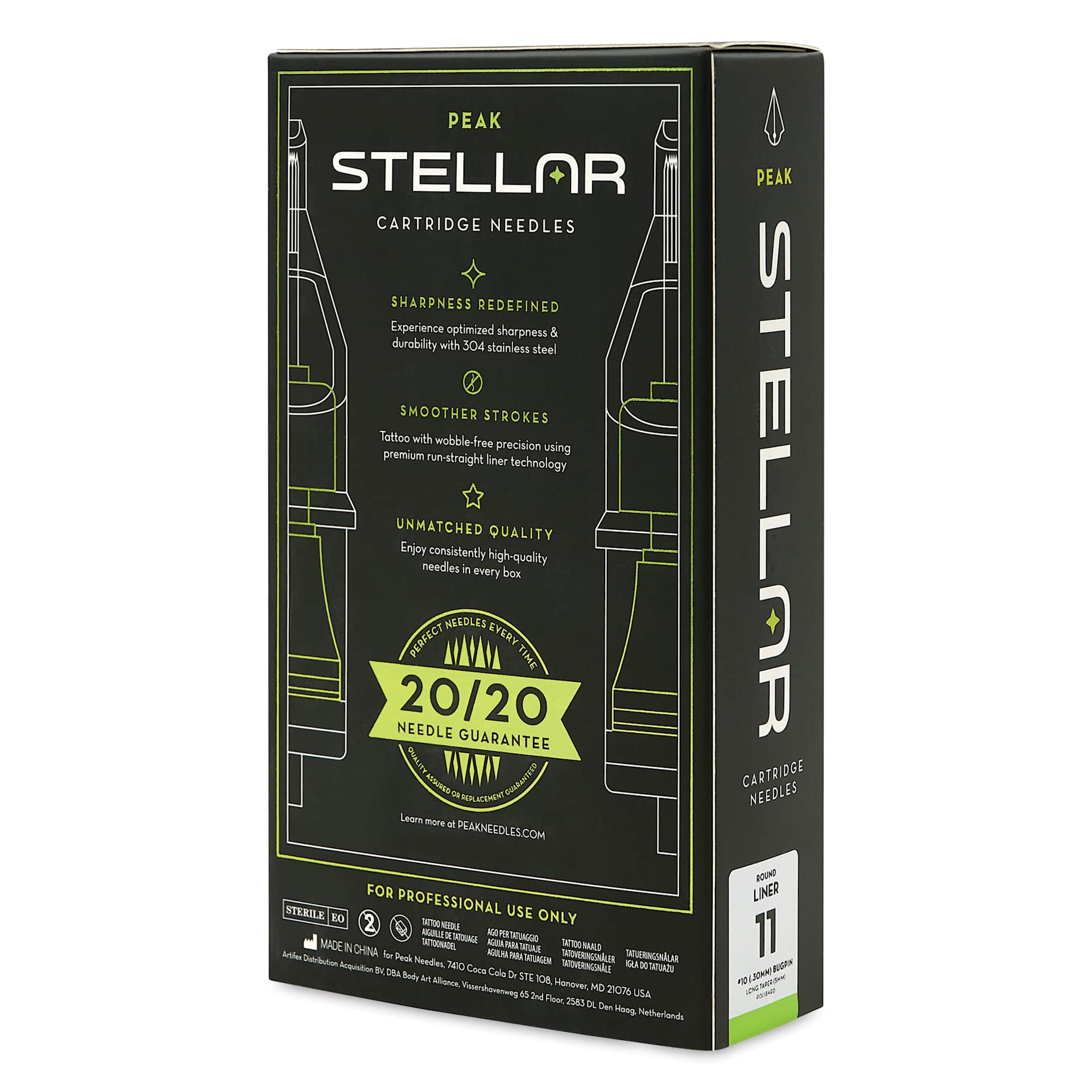 Peak Stellar Round Liner Long Taper Tattoo Needle Cartridges - #10, 11 Needles, Pkg of 20, packaging