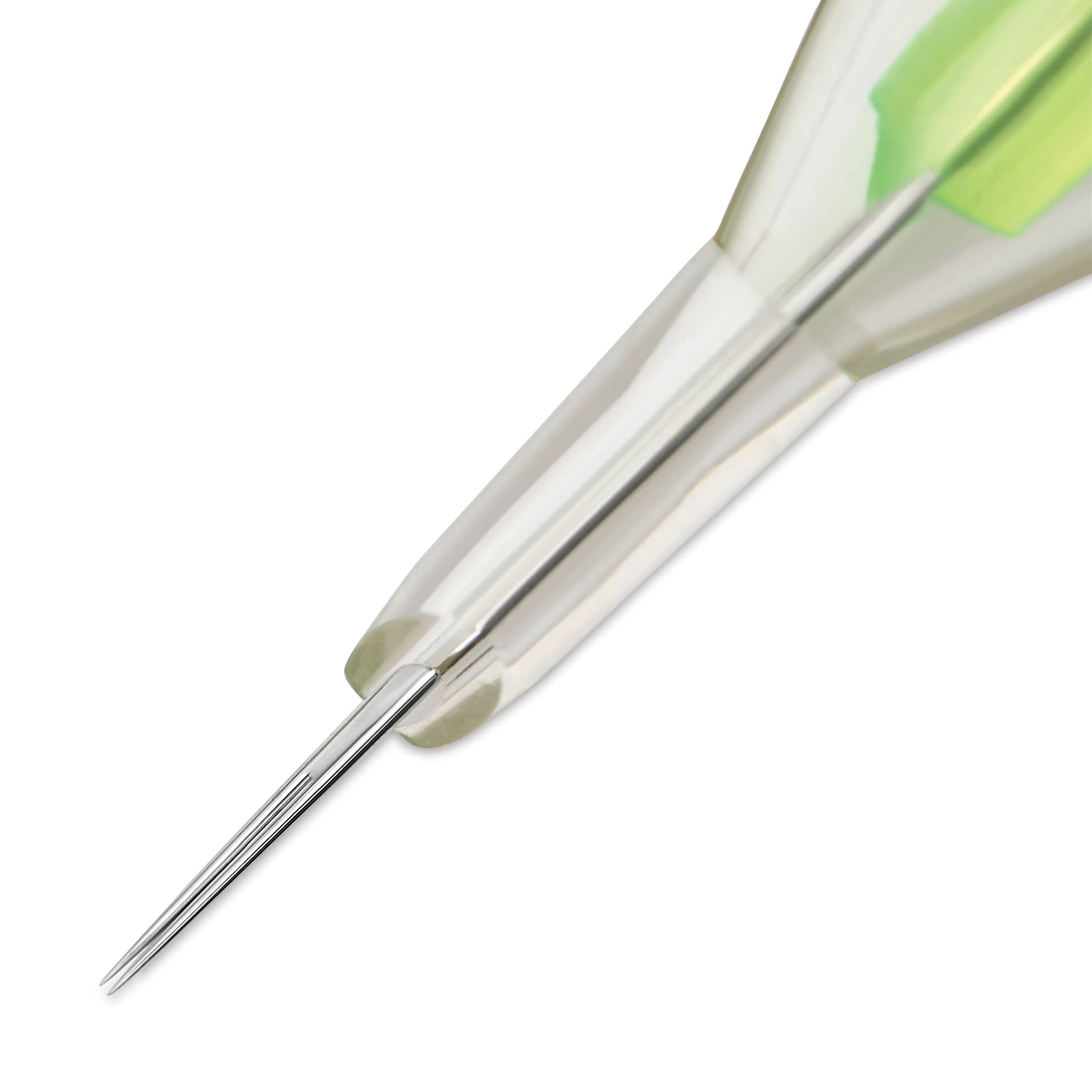 Peak Stellar Round Liner Long Taper Tattoo Needle Cartridges - #12, 3 Needles, Pkg of 20, close-up of needle