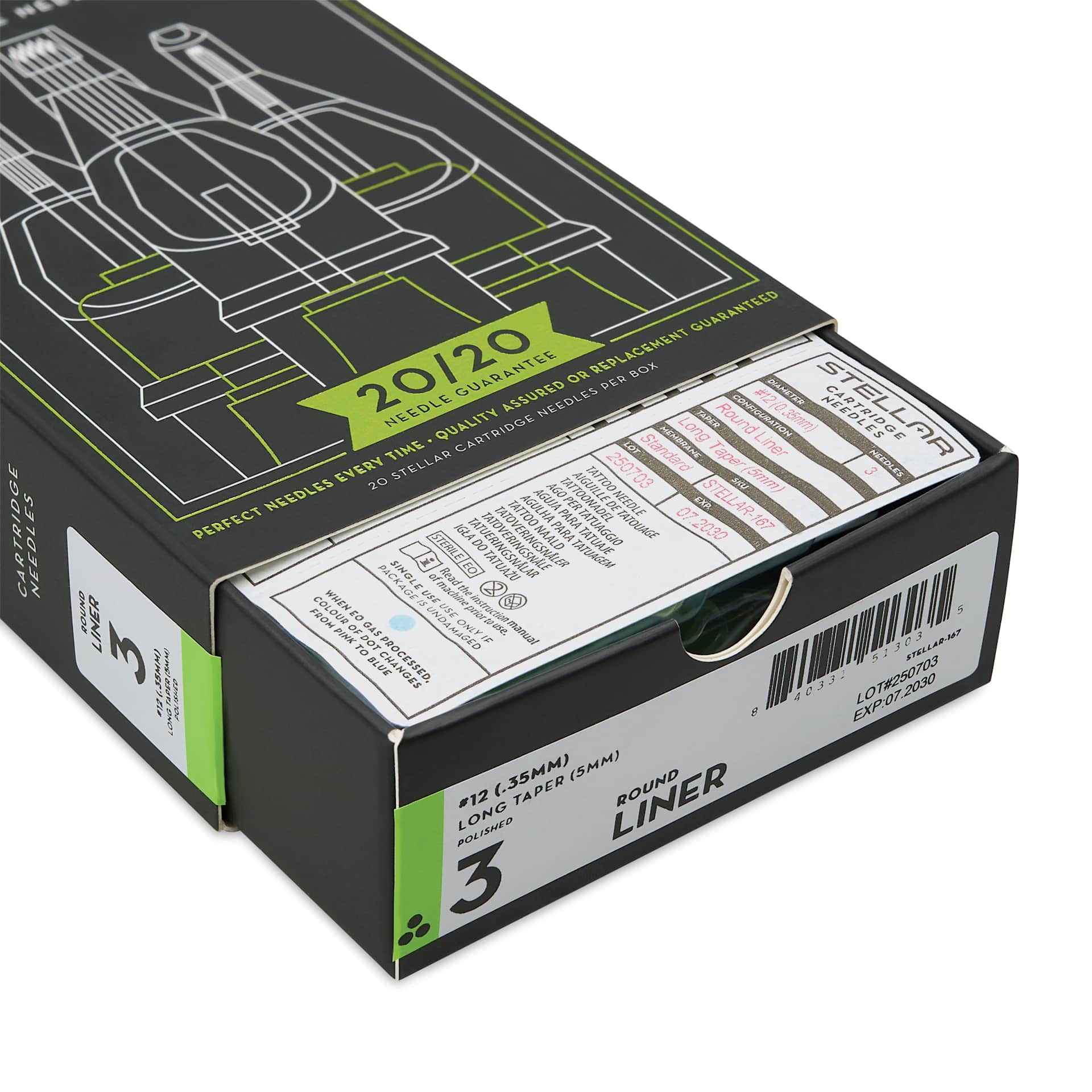 Peak Stellar Round Liner Long Taper Tattoo Needle Cartridges - #12, 3 Needles, Pkg of 20, open packaging