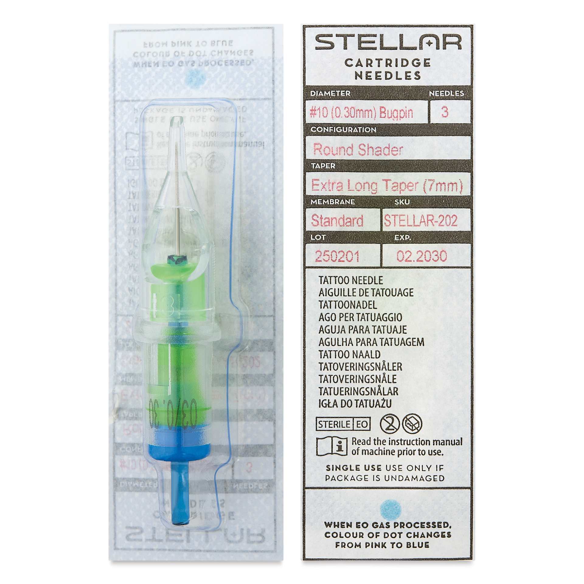 Peak Stellar Round Shader Extra Long Taper Tattoo Needle Cartridges - #10, 3 Needles, Pkg of 20, front and back of packaging