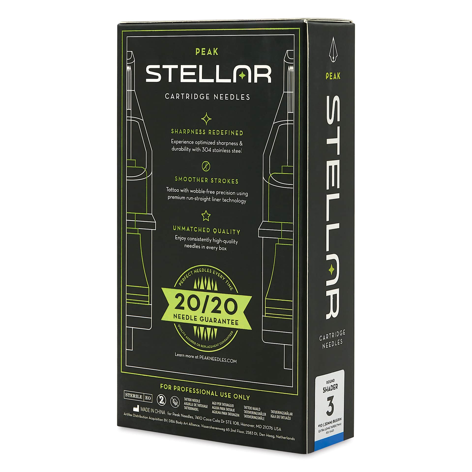 Peak Stellar Round Shader Extra Long Taper Tattoo Needle Cartridges - #10, 3 Needles, Pkg of 20, packaging