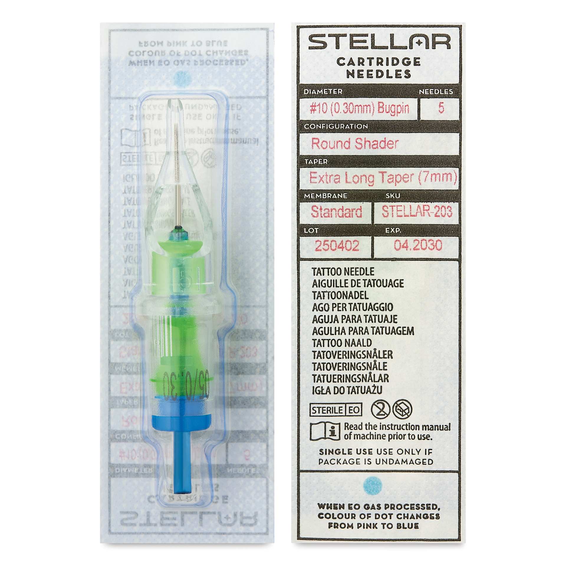 Peak Stellar Round Shader Extra Long Taper Tattoo Needle Cartridges - #10, 5 Needles, Pkg of 20, front and back of packaging