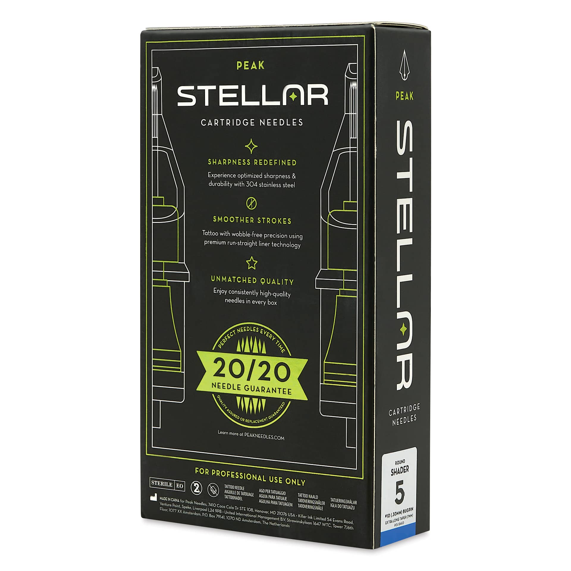 Peak Stellar Round Shader Extra Long Taper Tattoo Needle Cartridges - #10, 5 Needles, Pkg of 20, packaging