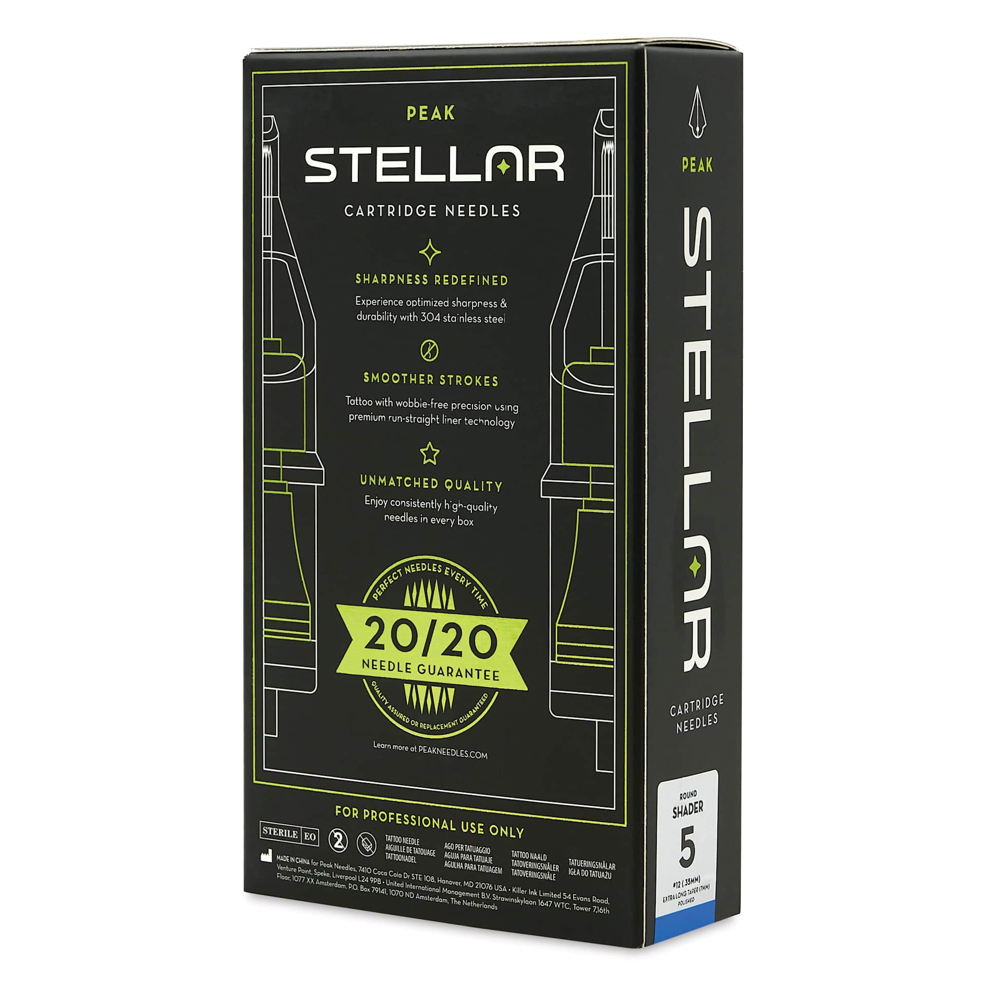 Peak Stellar Round Shader Extra Long Taper Tattoo Needle Cartridges - #12, 5 Needles, Pkg of 20, packaging
