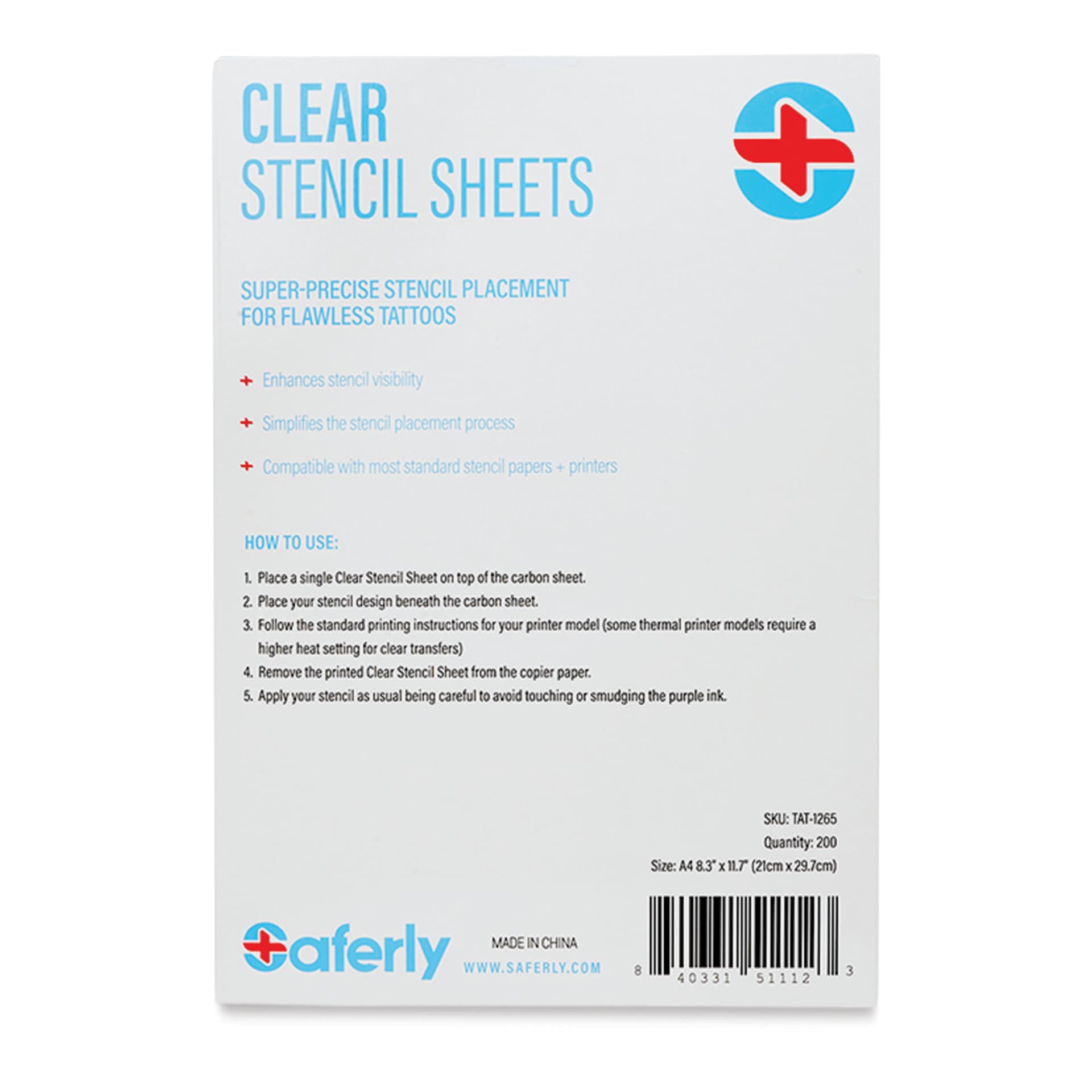 Saferly Tattoo Stencil Sheets - 8-1/2" x 11", Clear, Pkg of 200, back of packaging