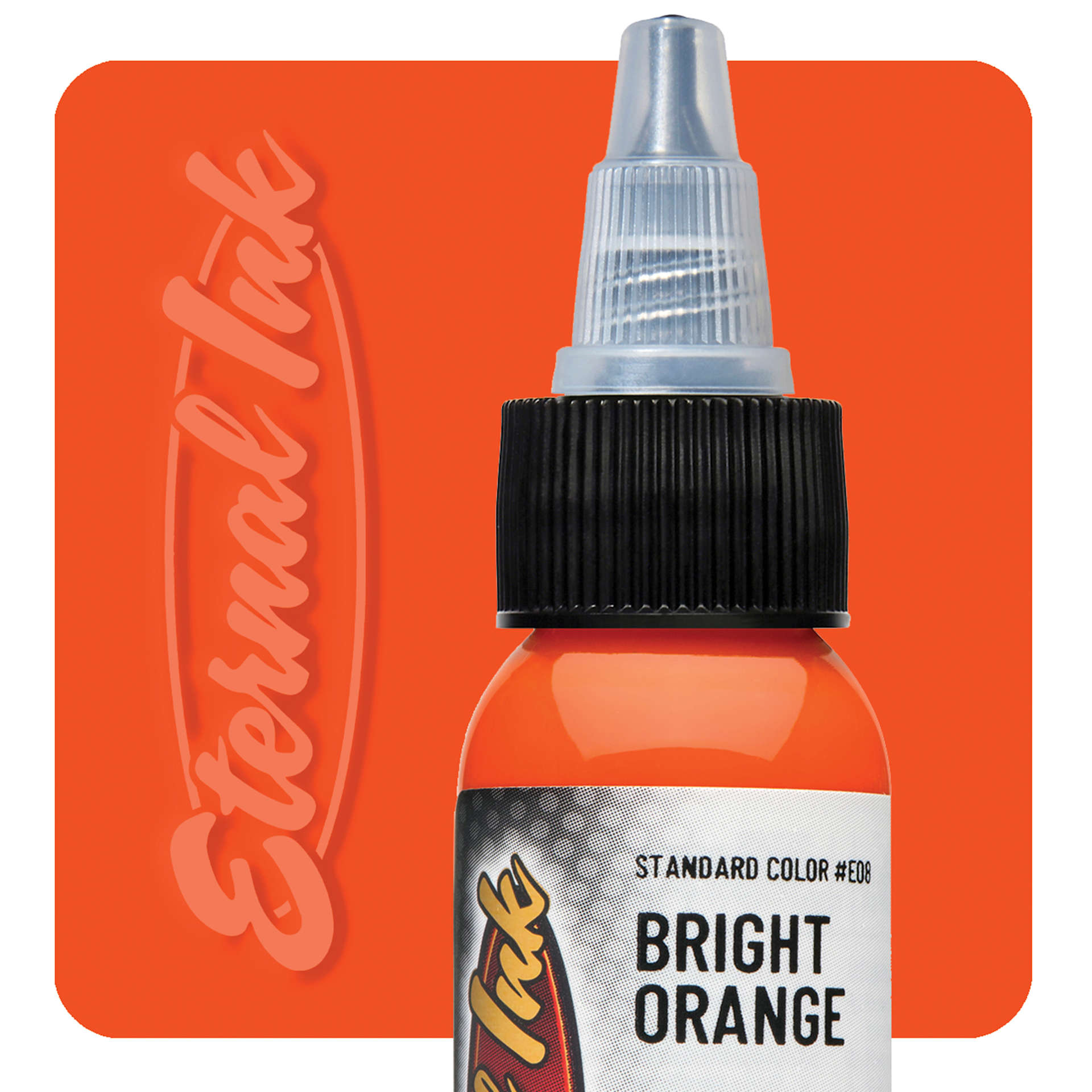 Eternal Ink Tattoo Ink - Bright Orange, 1 oz bottle with swatch