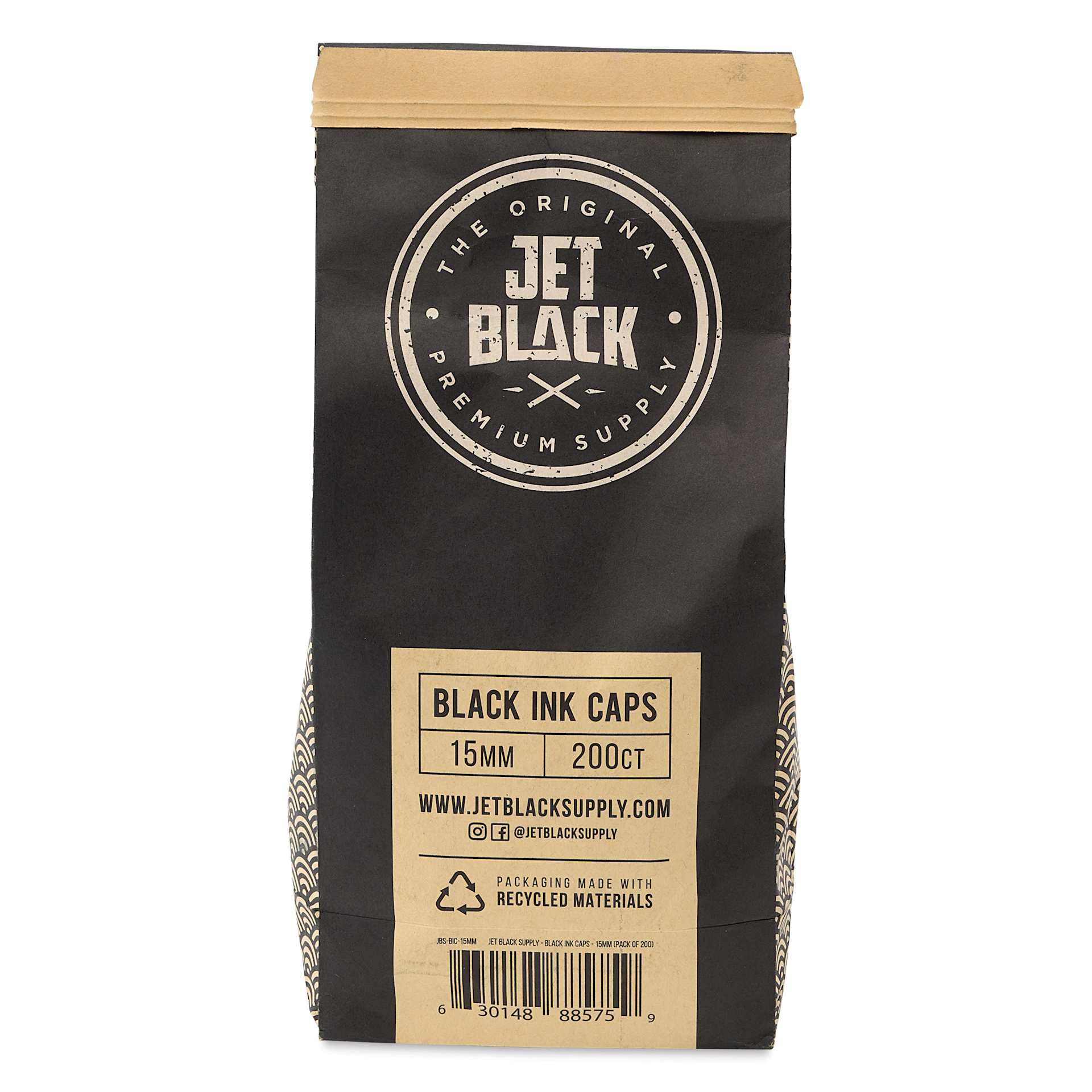 TatSoul Jet Black Ink Caps - 15 mm, Pkg of 500, back of package
