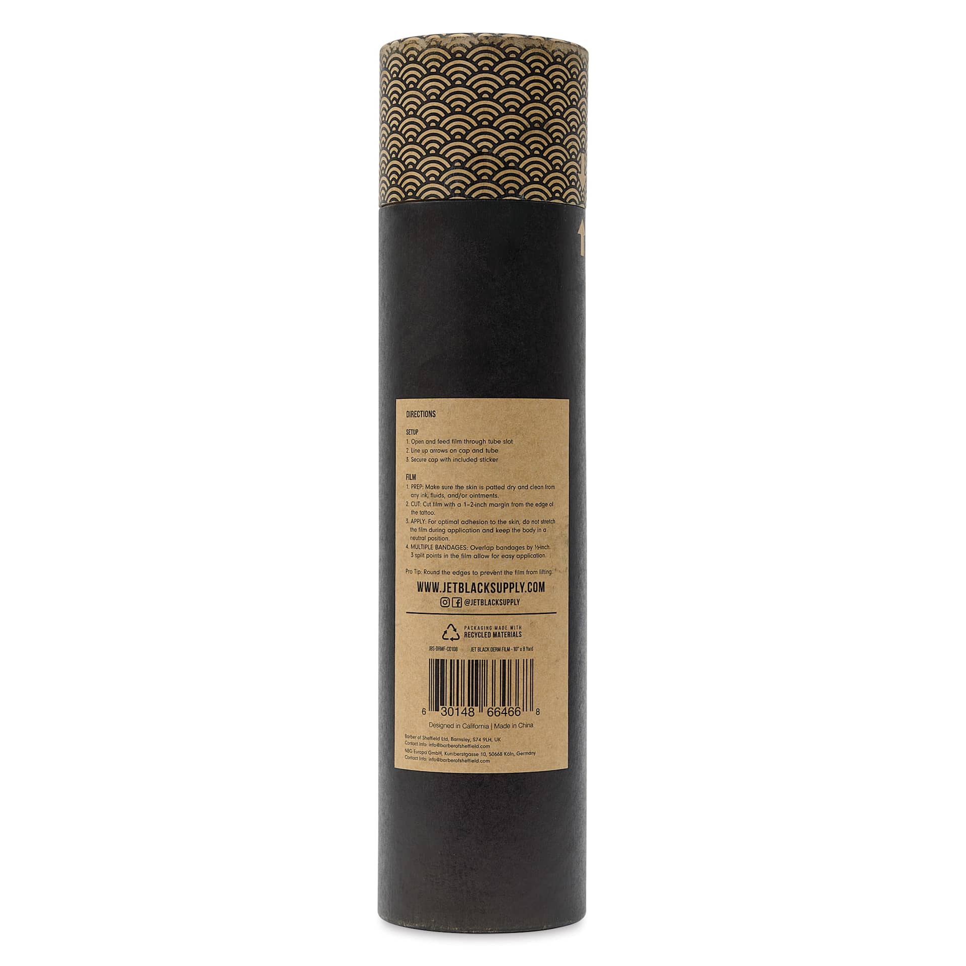 Tatsoul Jet Black Derm Film - 10" x 8 yd Roll, back of packaging
