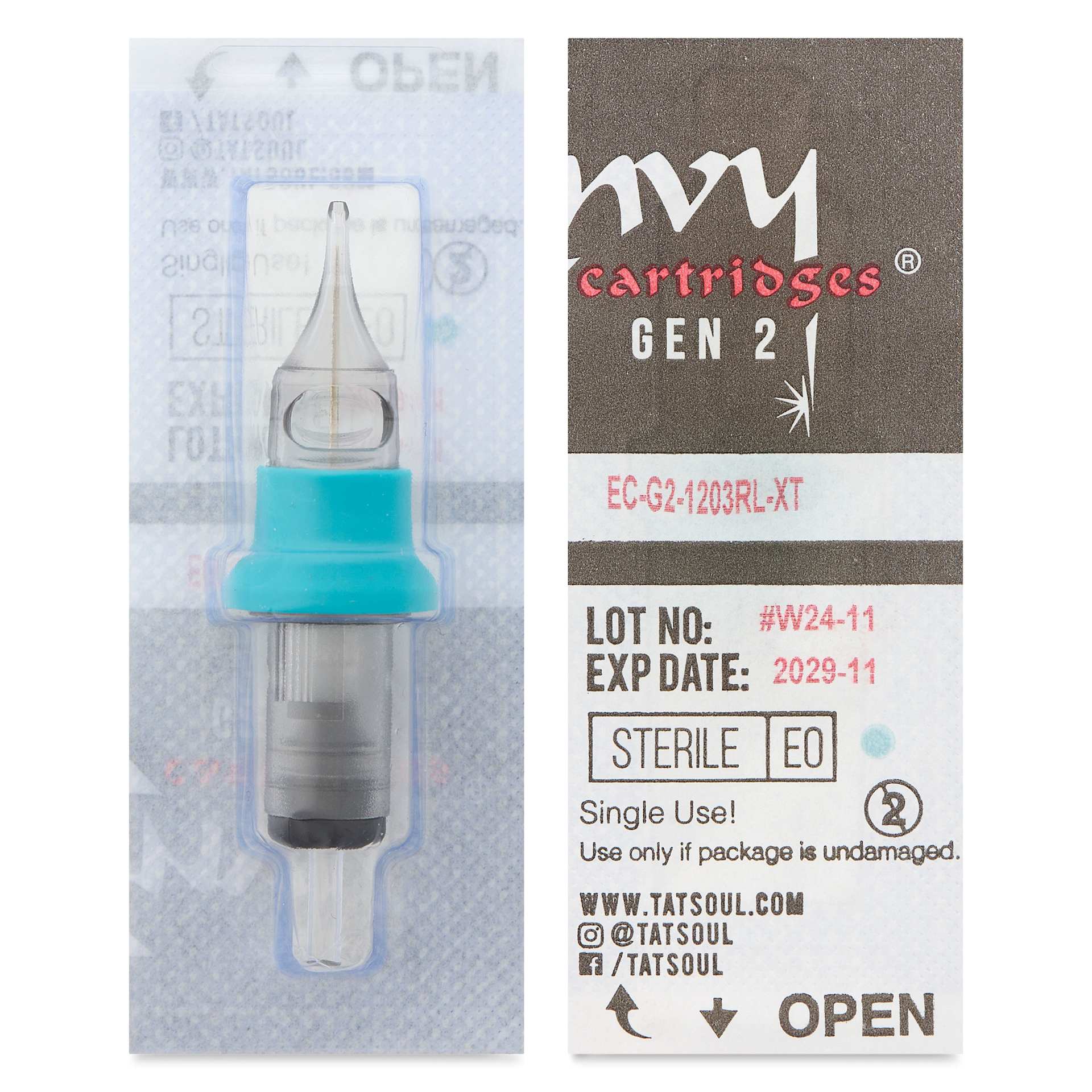 TatSoul Envy Gen 2 Standard Round Liner Extra Tight Long Taper Tattoo Needle Cartridge - #12, 3 Needles, front and back of individual packaging