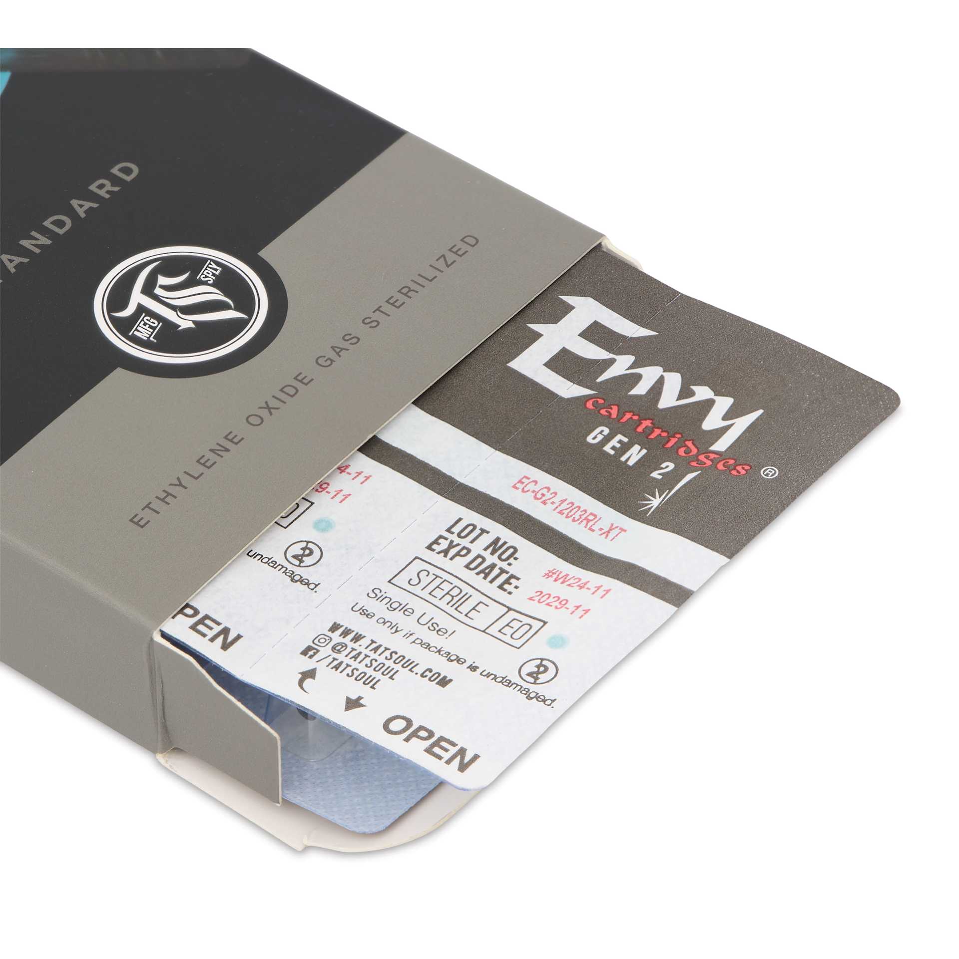 TatSoul Envy Gen 2 Standard Round Liner Extra Tight Long Taper Tattoo Needle Cartridge - #12, 3 Needles, open packaging