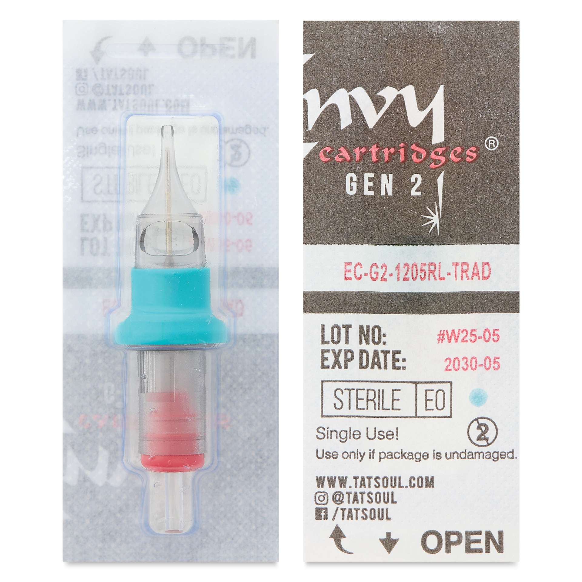TatSoul Envy Gen 2 Traditional Round Liner Long Taper Tattoo Needle Cartridges - #12, 5 Needles, Pkg of 10, front and back of individual packaging