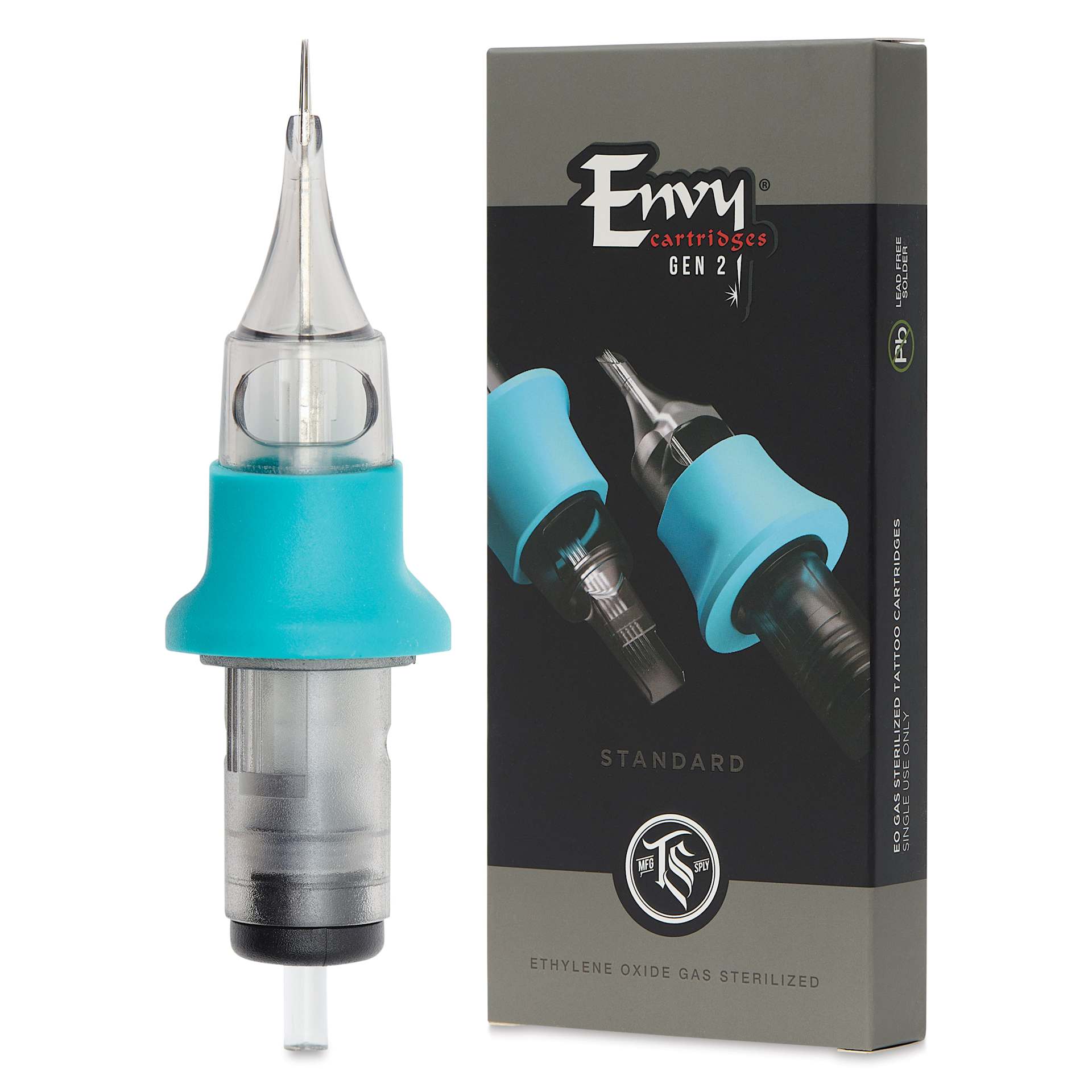 TatSoul Envy Gen 2 Standard Round Liner Long Taper Tattoo Needle Cartridge - #12, 5 Needles, Pkg of 10, needle and packaging