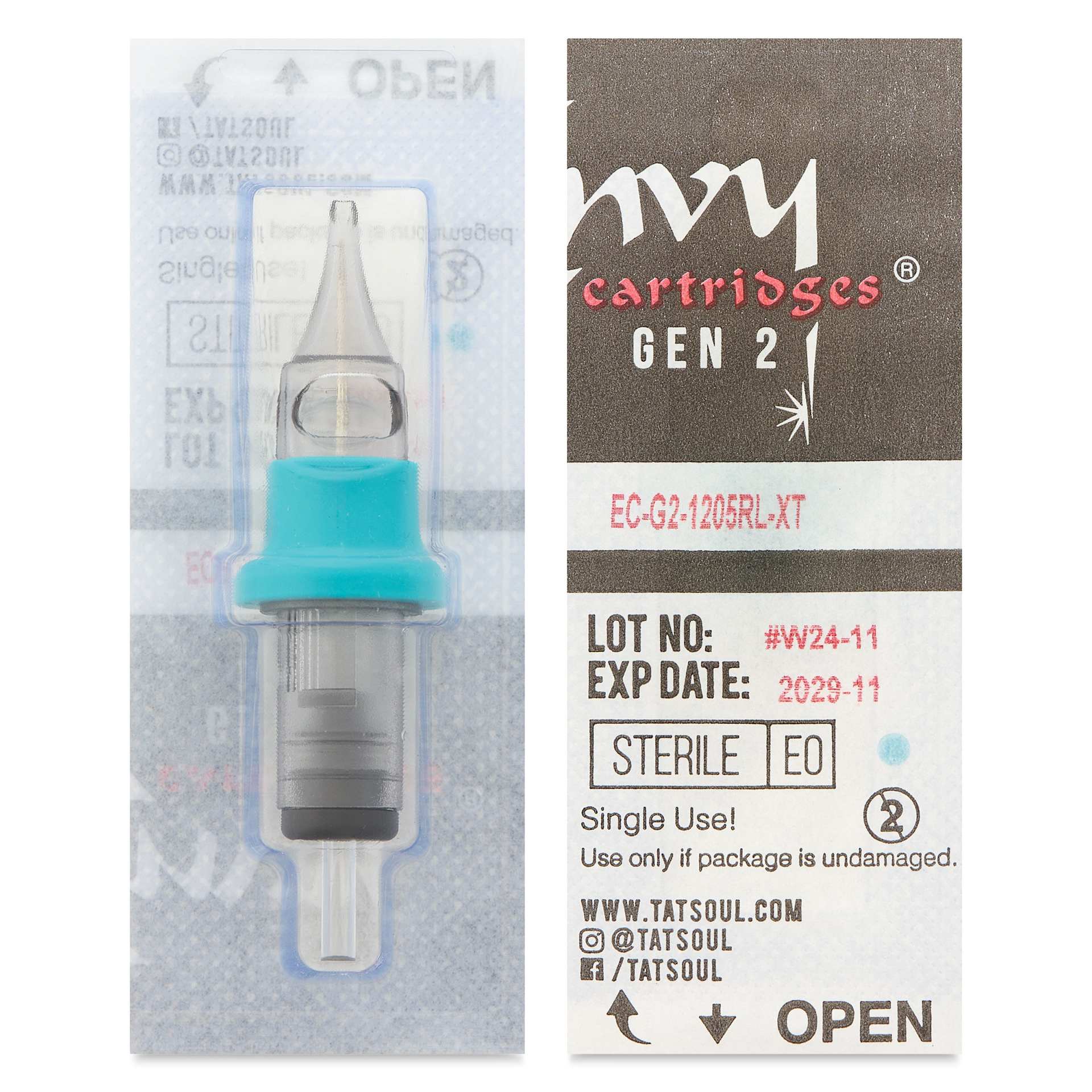 TatSoul Envy Gen 2 Standard Round Liner Extra Tight Long Taper Tattoo Needle Cartridge - #12, 5 Needles, Pkg of 10, front and back of individual packaging