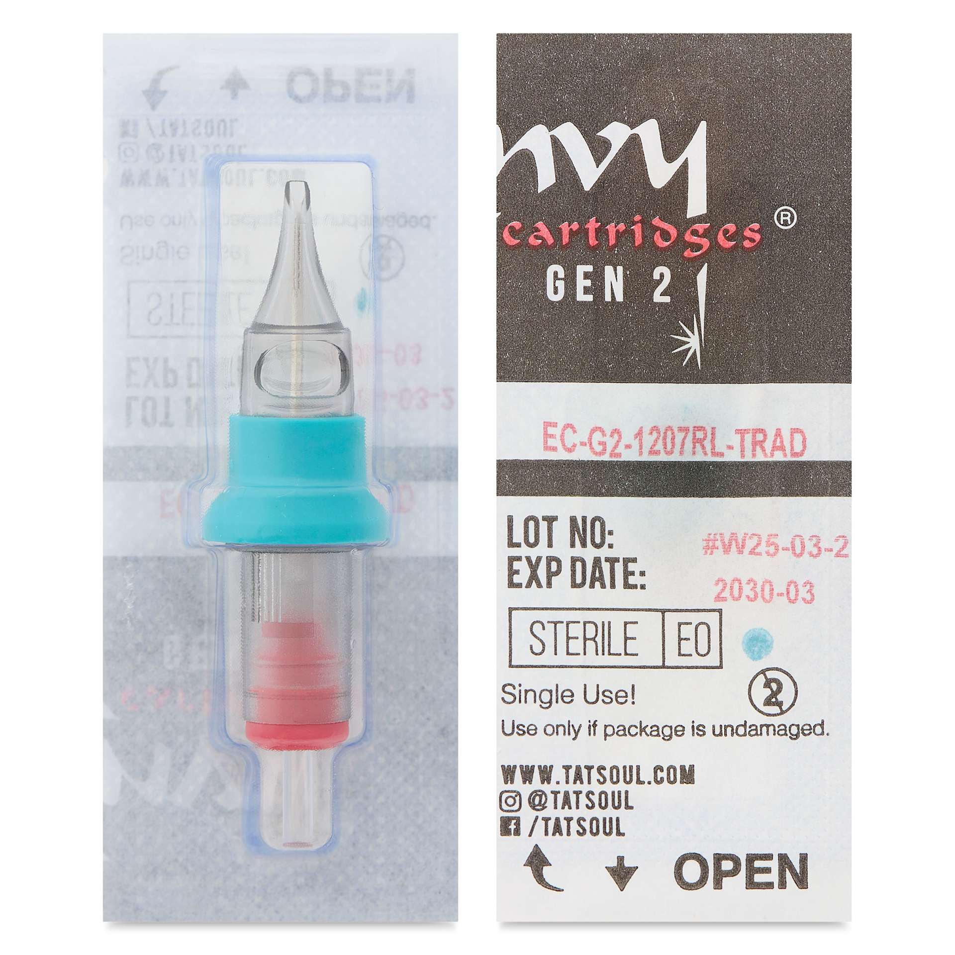 TatSoul Envy Gen 2 Traditional Round Liner Long Taper Tattoo Needle Cartridges - #12, 7 Needles, Pkg of 10, front and back of individual packaging