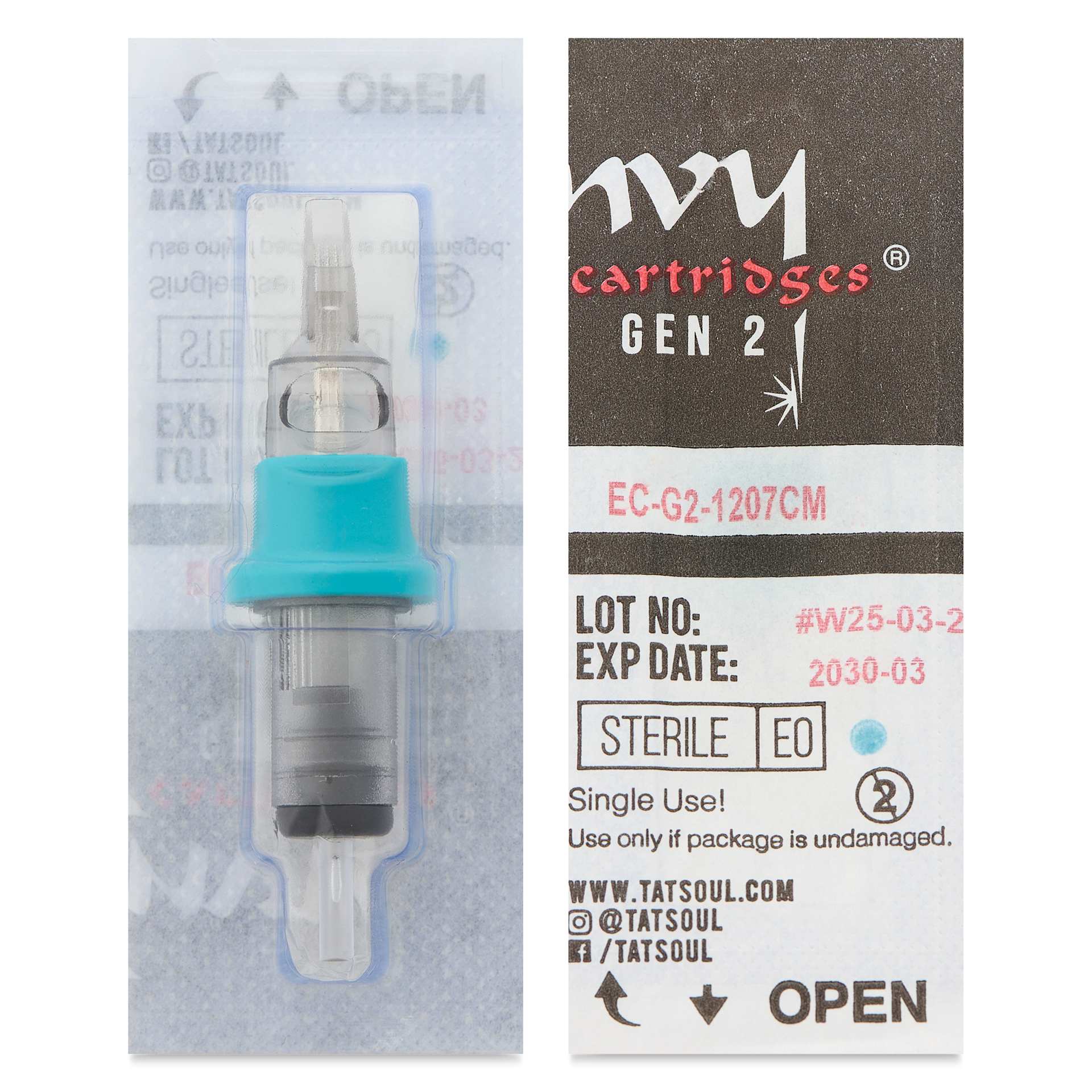 TatSoul Envy Gen 2 Standard Curved Magnum Long Taper Tattoo Needle Cartridge - #12, 7 Needles, Pkg of 10, front and back of single packaging