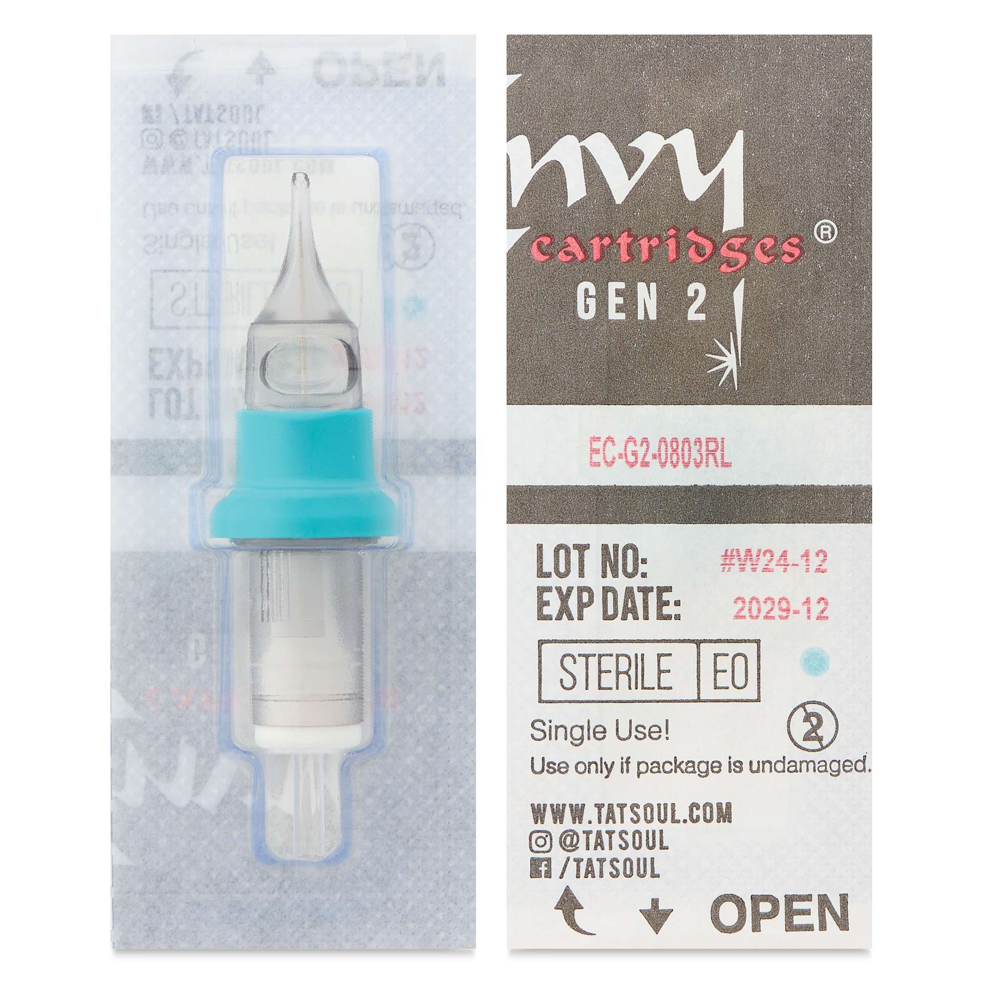 TatSoul Envy Gen 2 Standard Round Liner Long Taper Bugpin Tattoo Needle Cartridge  - #8, 3 Needles, Pkg of 10, front and back of individual packaging