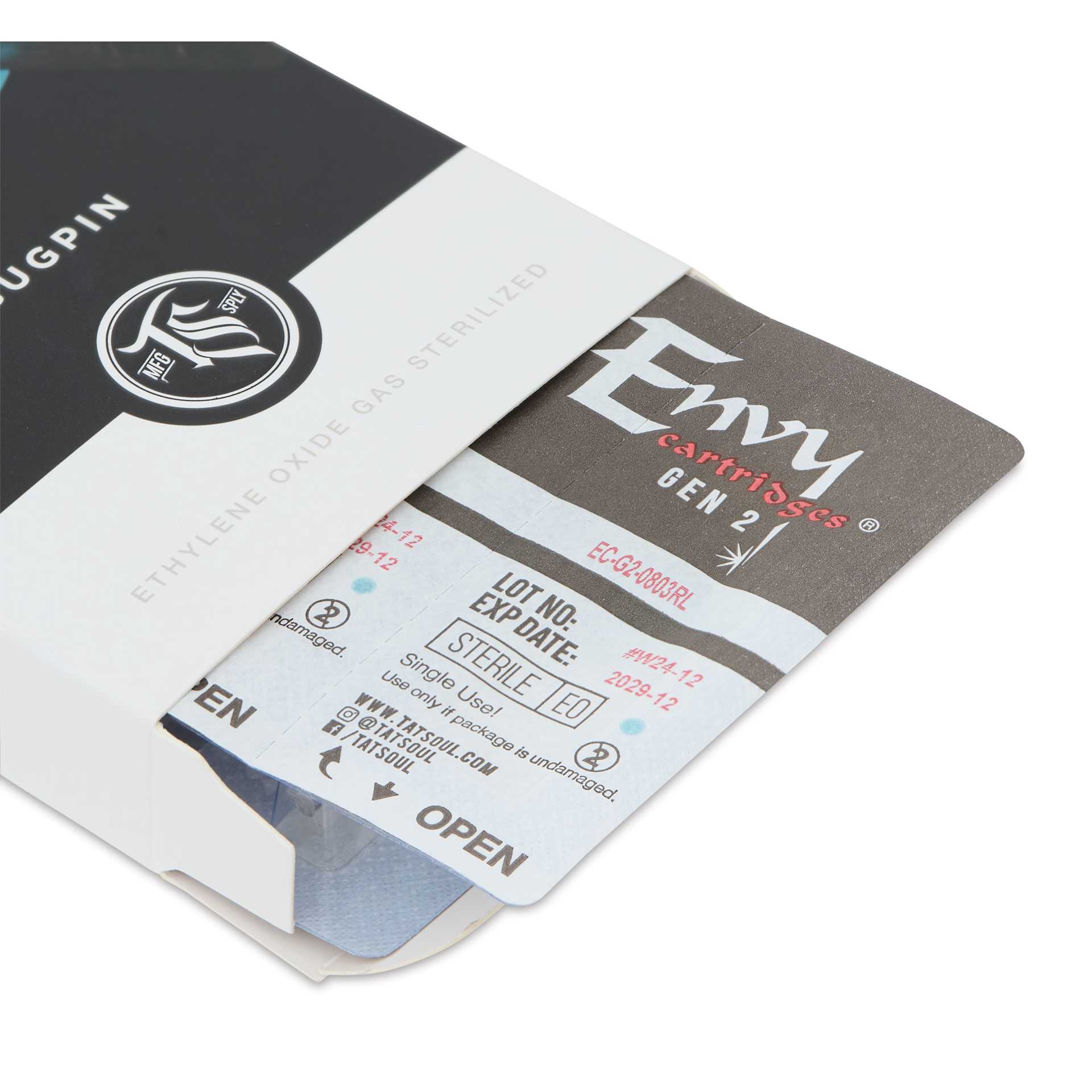 TatSoul Envy Gen 2 Standard Round Liner Long Taper Bugpin Tattoo Needle Cartridge  - #8, 3 Needles, Pkg of 10, open packaging