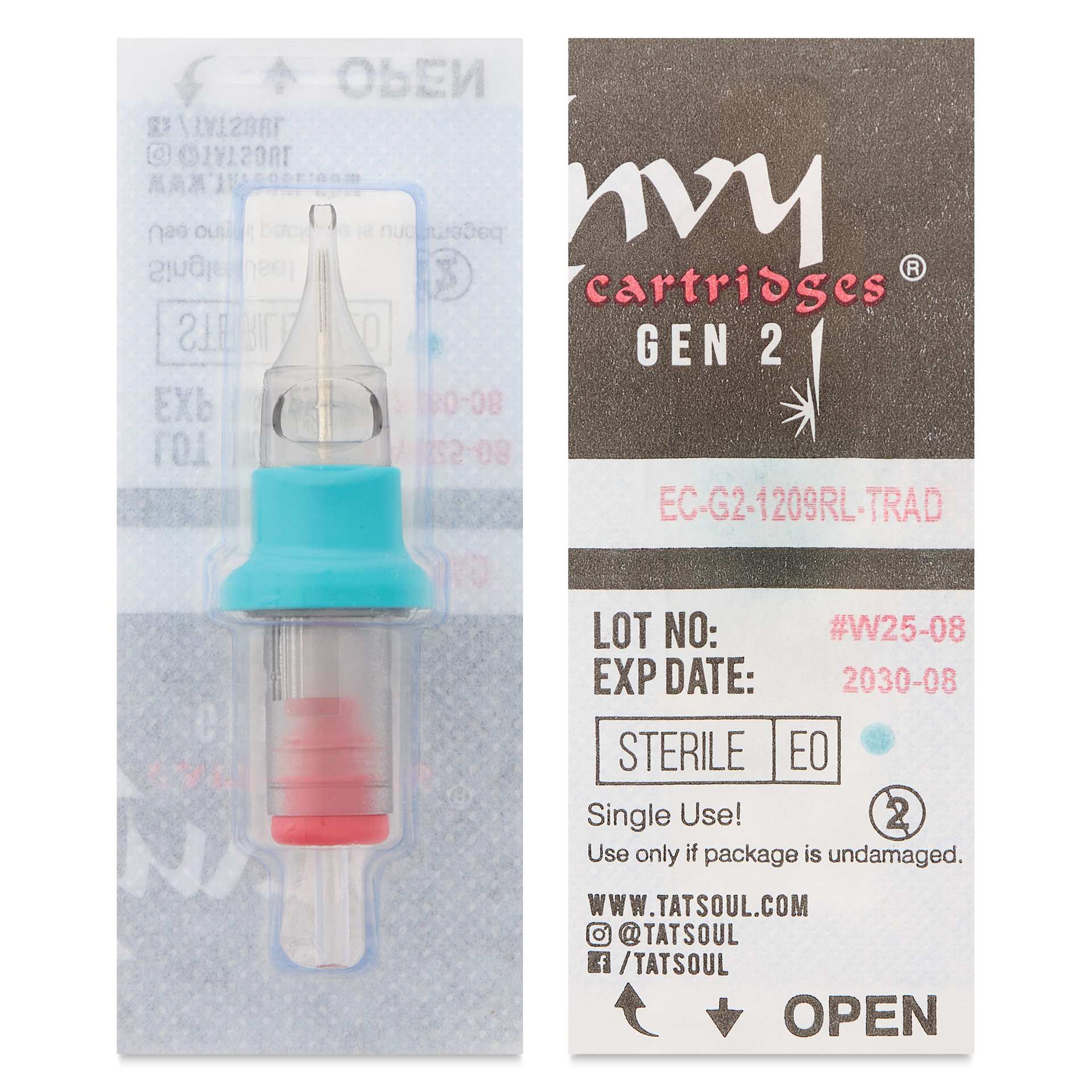 TatSoul Envy Gen 2 Traditional Round Liner Long Taper Tattoo Needle Cartridges - #12, 9 Needles, Pkg of 10, front and back of single packaging