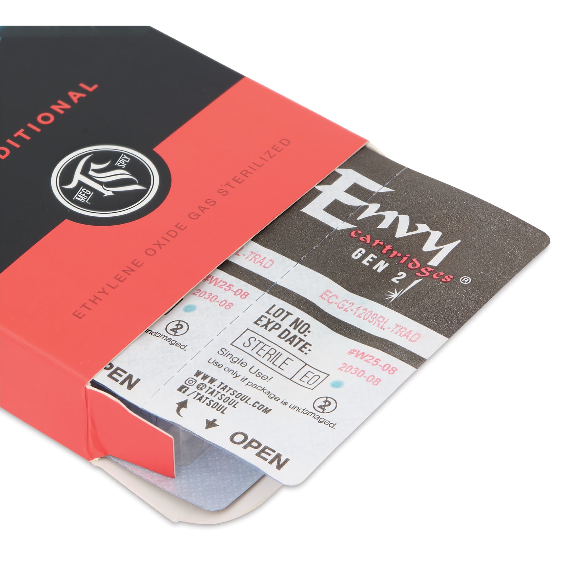 TatSoul Envy Gen 2 Traditional Round Liner Long Taper Tattoo Needle Cartridges - #12, 9 Needles, Pkg of 10, open packaging