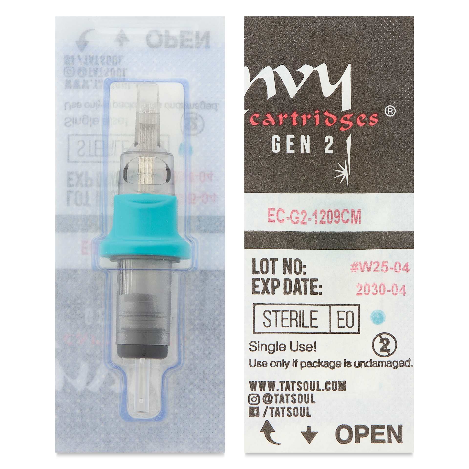 TatSoul Envy Gen 2 Standard Curved Magnum Long Taper Tattoo Needle Cartridge - #12, 9 Needles, Pkg of 10, front and back of single packaging