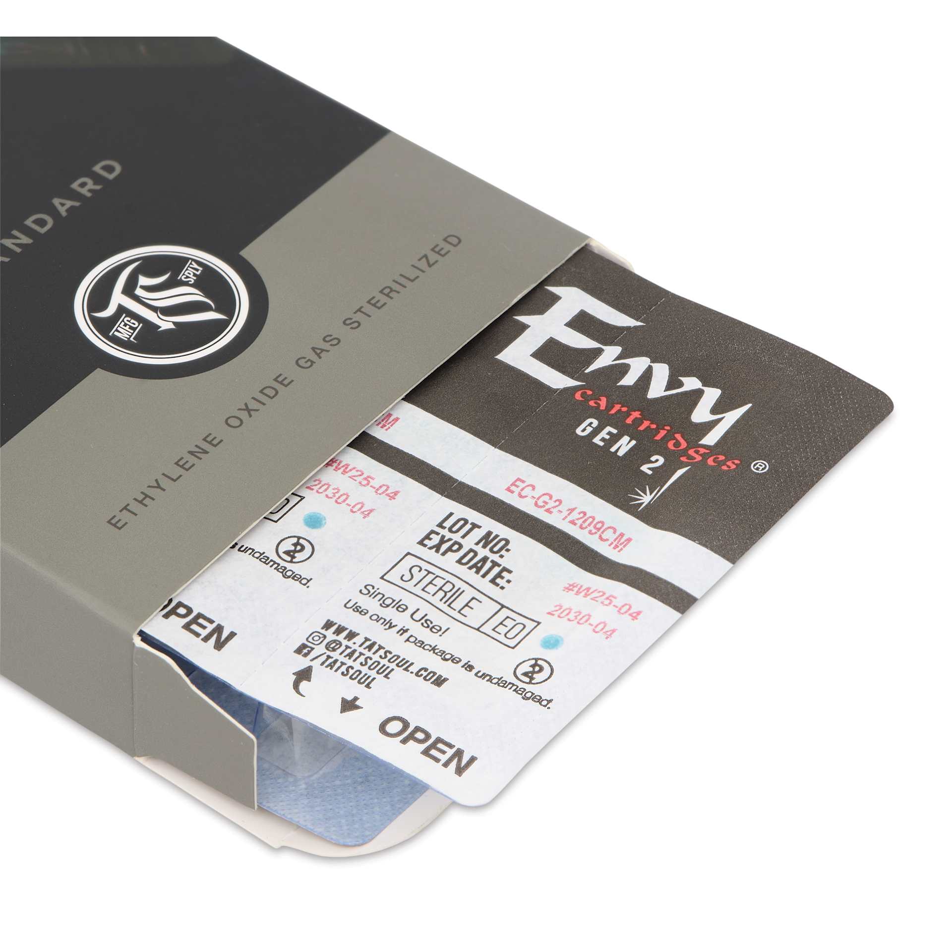 TatSoul Envy Gen 2 Standard Curved Magnum Long Taper Tattoo Needle Cartridge - #12, 9 Needles, Pkg of 10, open packaging