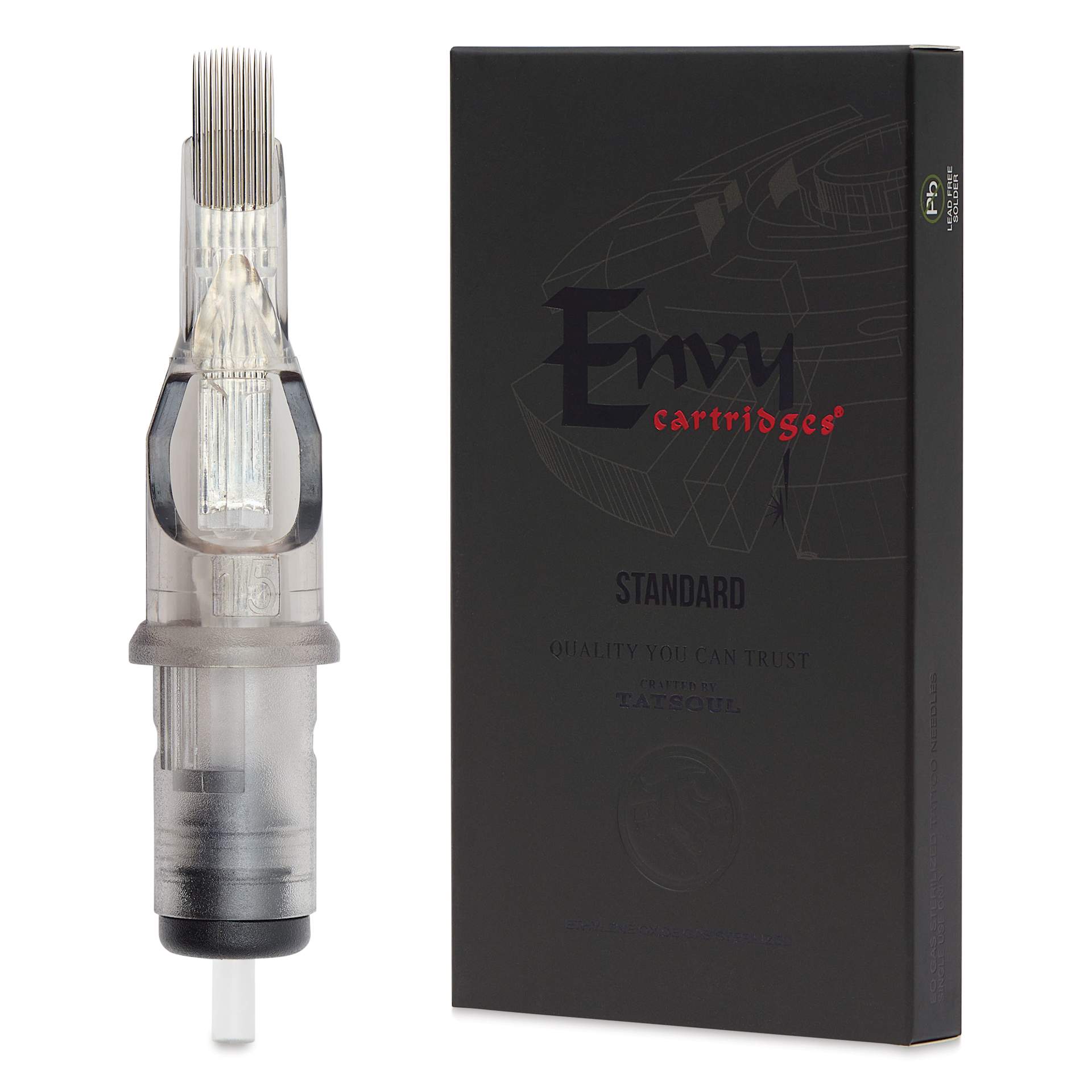 TatSoul Envy Standard Curved Magnum Long Taper Tattoo Needle Cartridge - #12, 15 Needles, Pkg of 10, needle and packaging