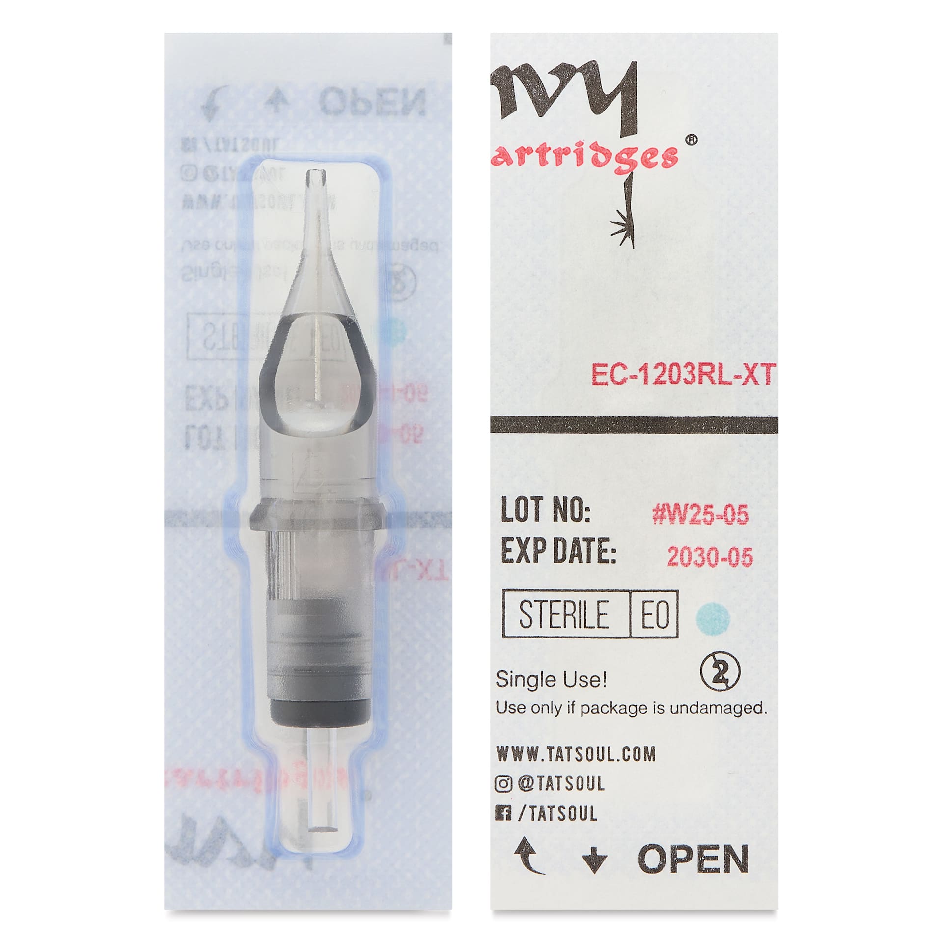 TatSoul Envy Standard Round Liner Extra Tight Long Taper Tattoo Needle Cartridge - #12, 3 Needles, Pkg of 10, front and back of individual packaging