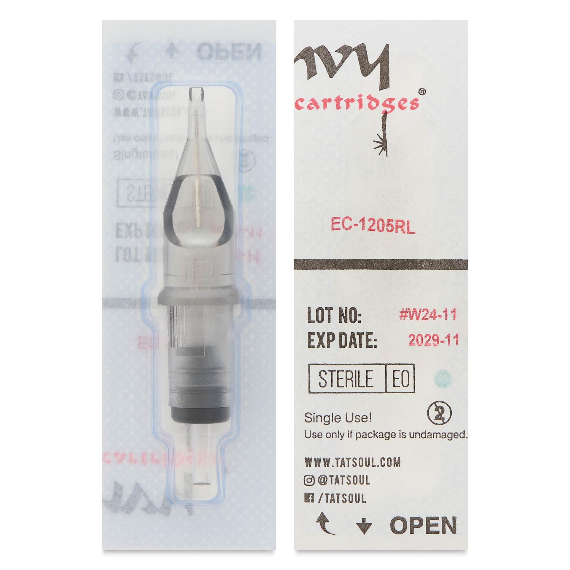 TatSoul Envy Standard Round Liner Long Taper Tattoo Needle Cartridge - #12, 5 Needles, Pkg of 10, front and back of individual packaging