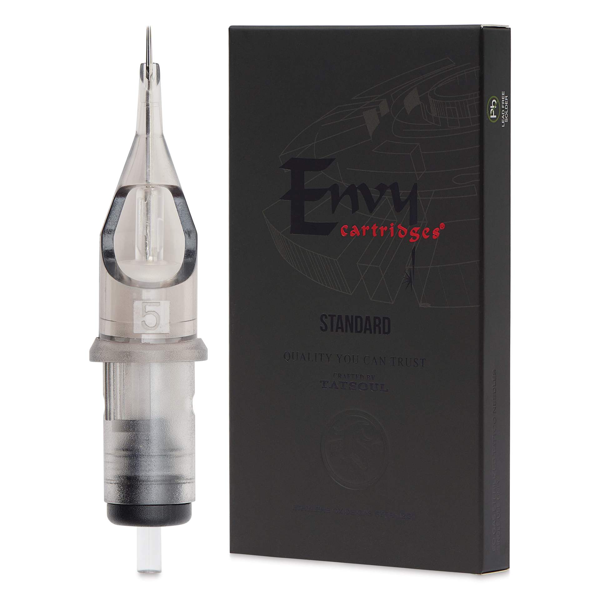 TatSoul Envy Standard Round Liner Long Taper Tattoo Needle Cartridge - #12, 5 Needles, Pkg of 10, front and back of individual packaging