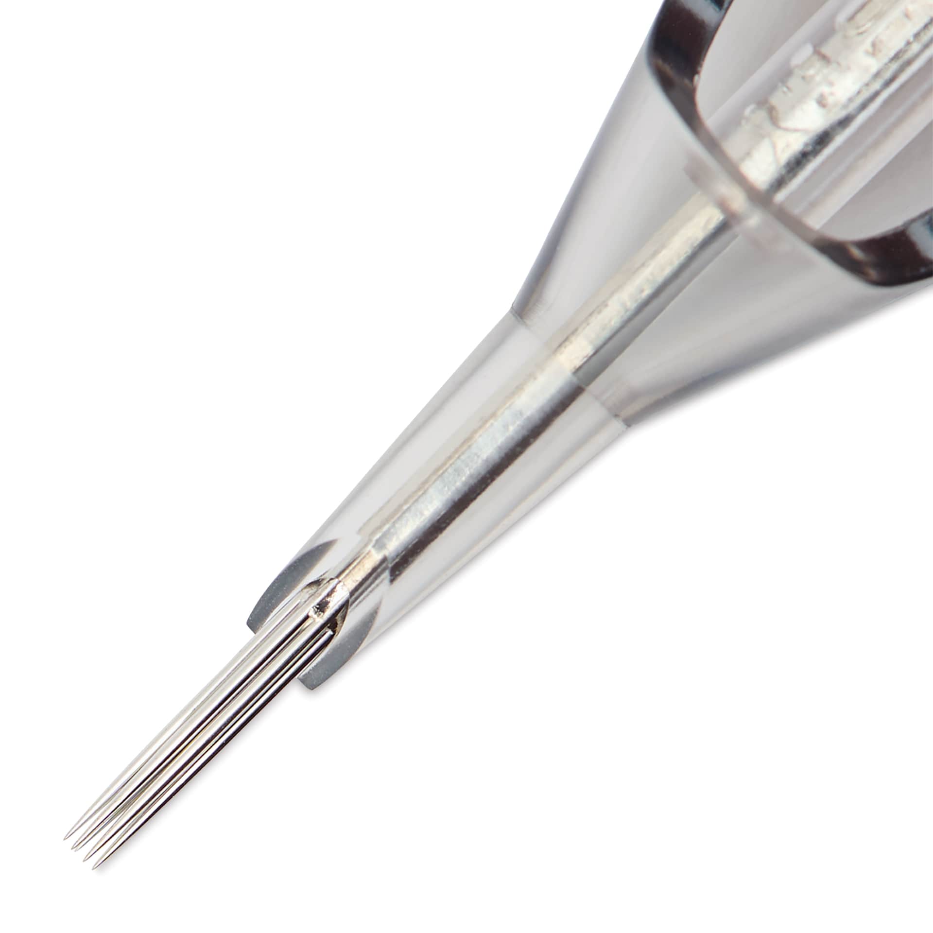 TatSoul Envy Traditional Round Liner Long Taper Tattoo Needle Cartridge - #12, 9 Needles, Pkg of 10, close-up of needle