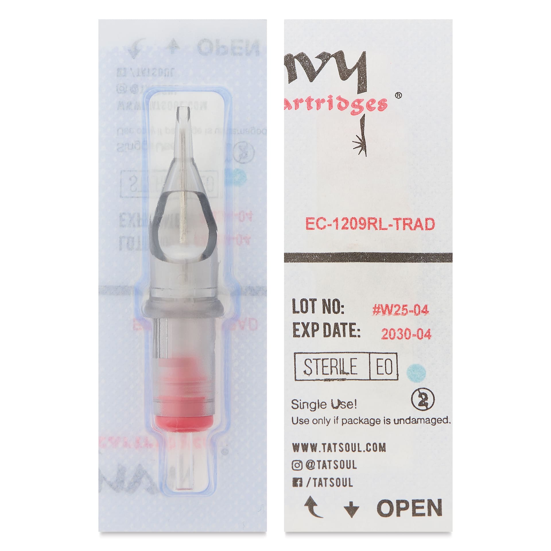 TatSoul Envy Traditional Round Liner Long Taper Tattoo Needle Cartridge - #12, 9 Needles, Pkg of 10, front and back of individual packaging