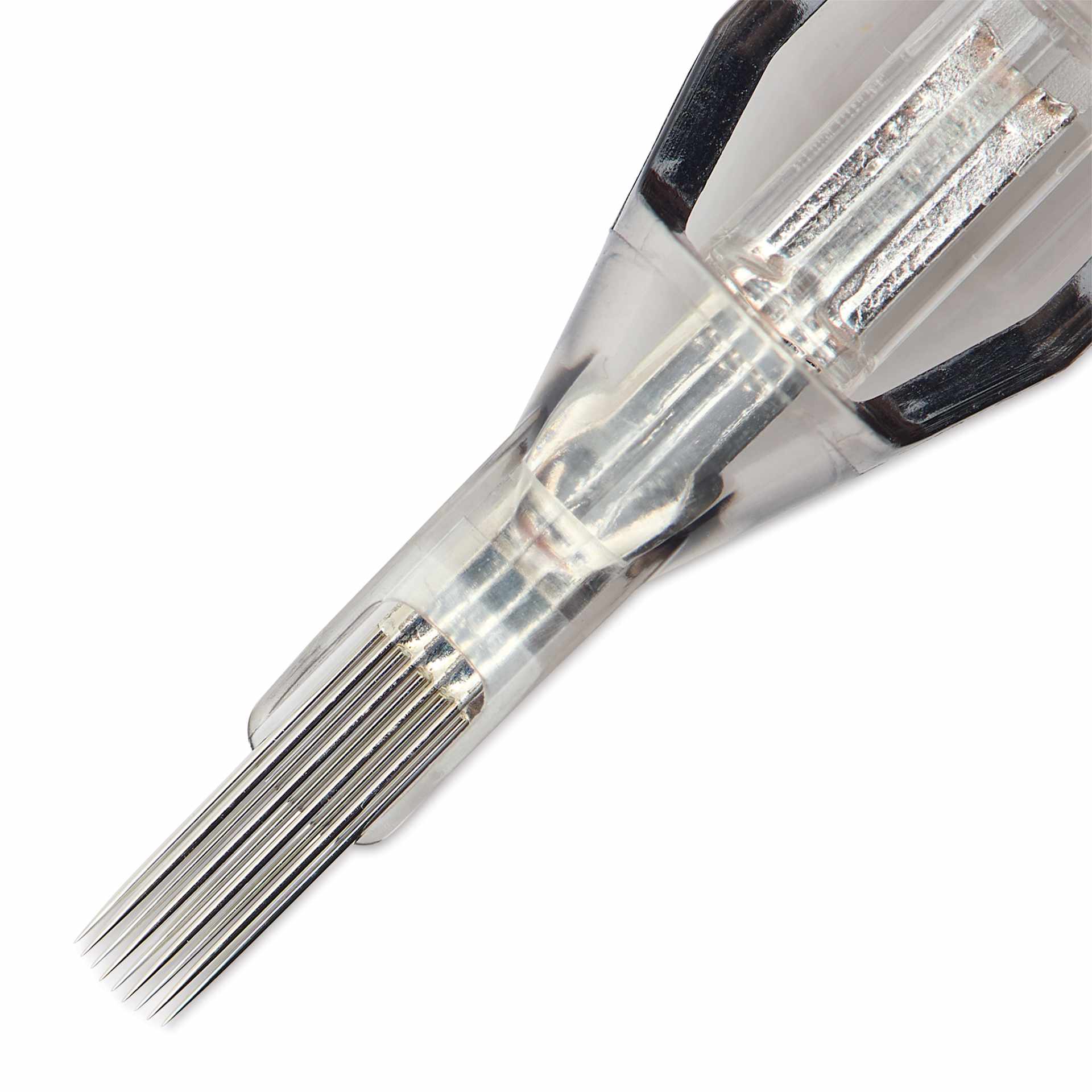 TatSoul Envy Standard Curved Magnum Long Taper Tattoo Needle Cartridge - #12, 9 Needles, Pkg of 10, close-up of needle