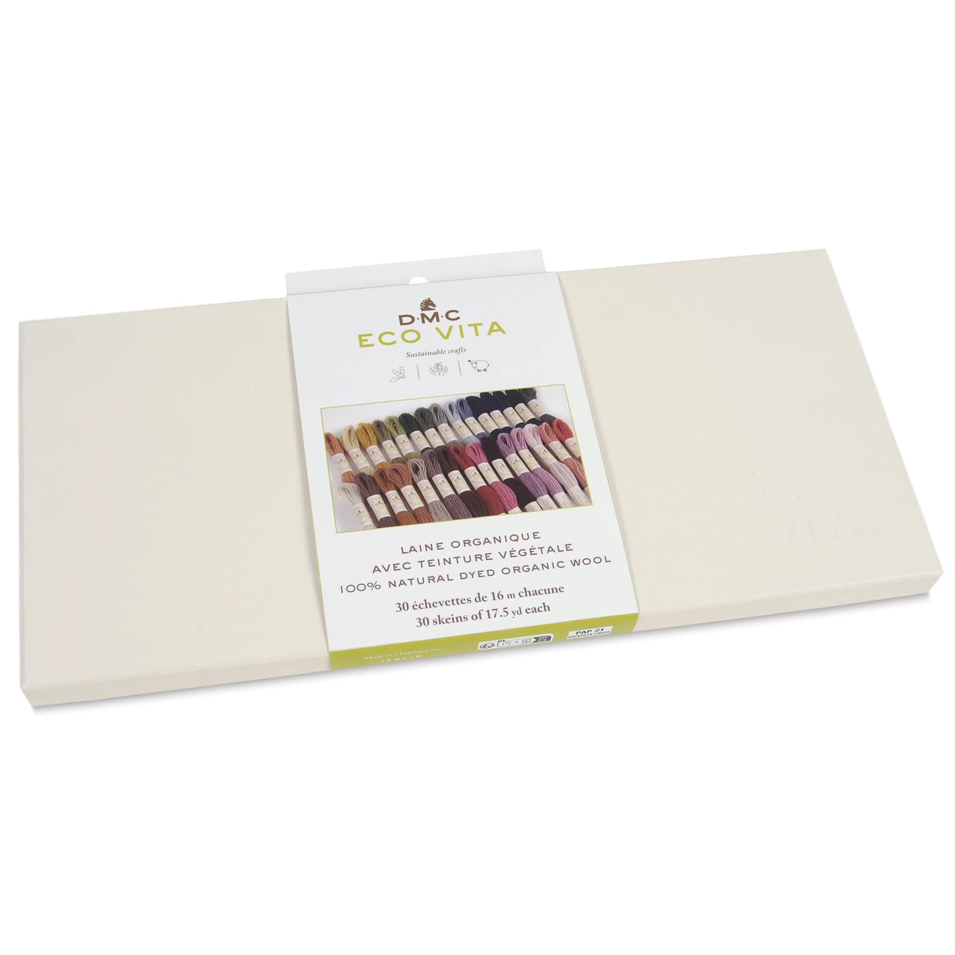 DMC Eco Vita Organic Wool Thread Collectors Box - Set of 30 - packaging, angled