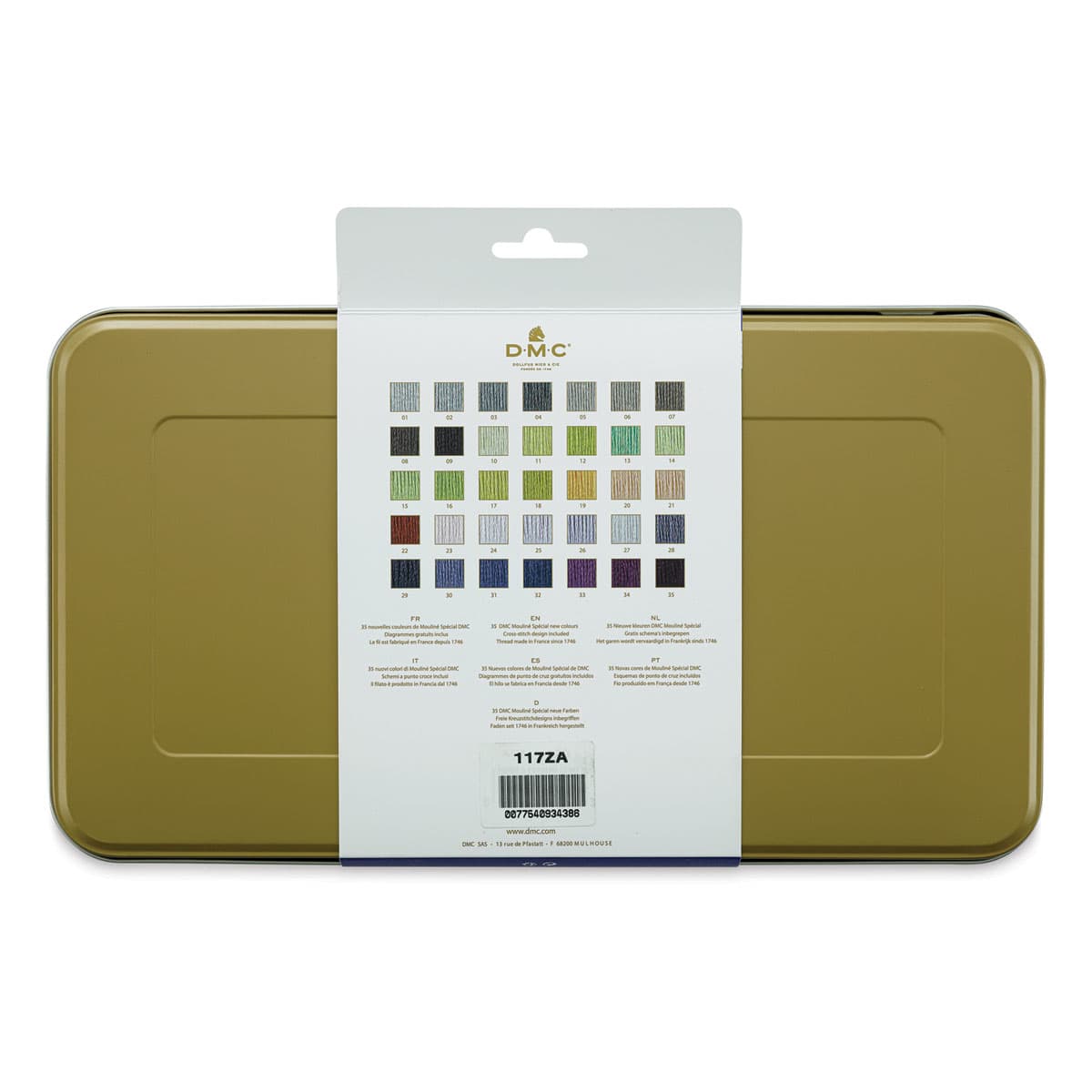 DMC Mouliné Special Collector’s Matte Gold Tin Embroidery Floss - Set of 35, New Colors (Back of tin)