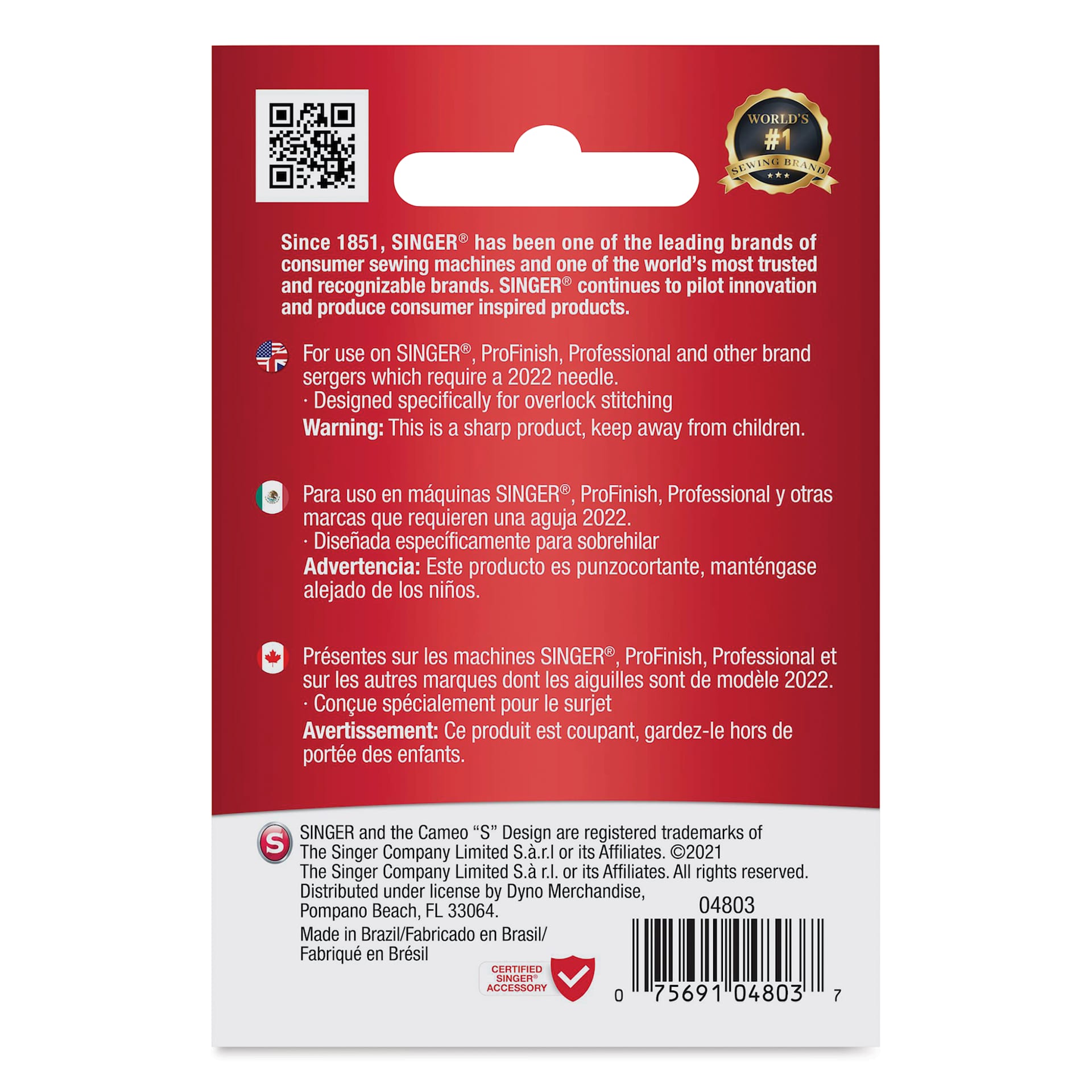 Singer Sewing Machine Needles - Overlock, Assorted, Pkg of 5, back of the packaging
