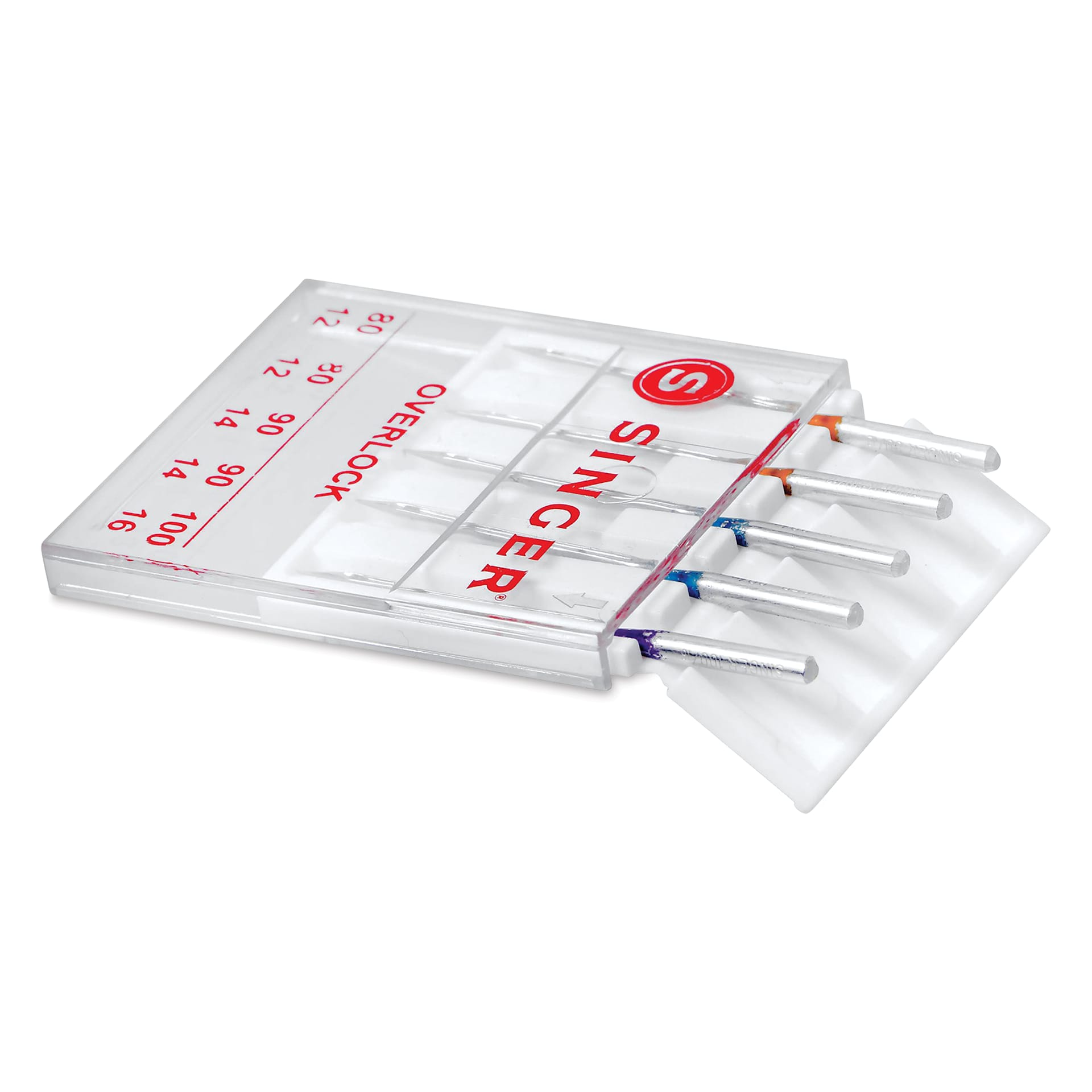 Singer Sewing Machine Needles - Overlock, Assorted, Pkg of 5, inside carrying case with lid open