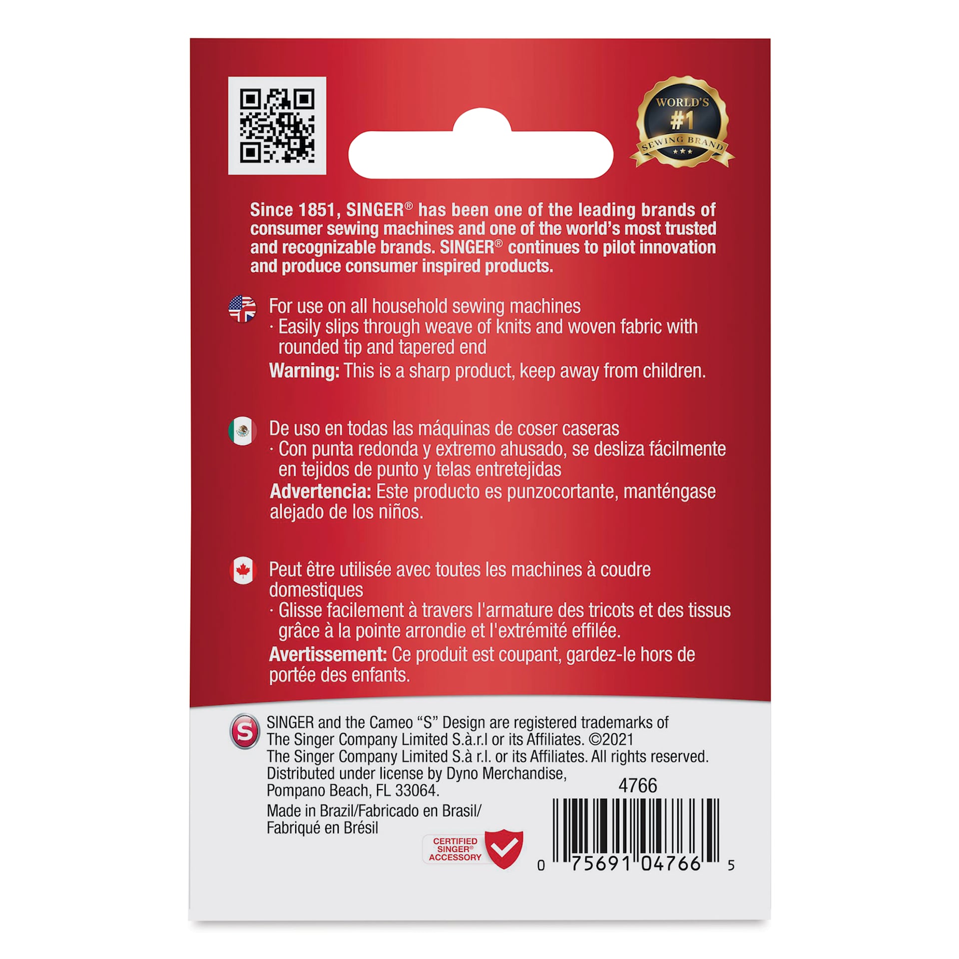 Singer Sewing Machine Needles - Universal, Assorted, Pkg of 5, back of the packaging