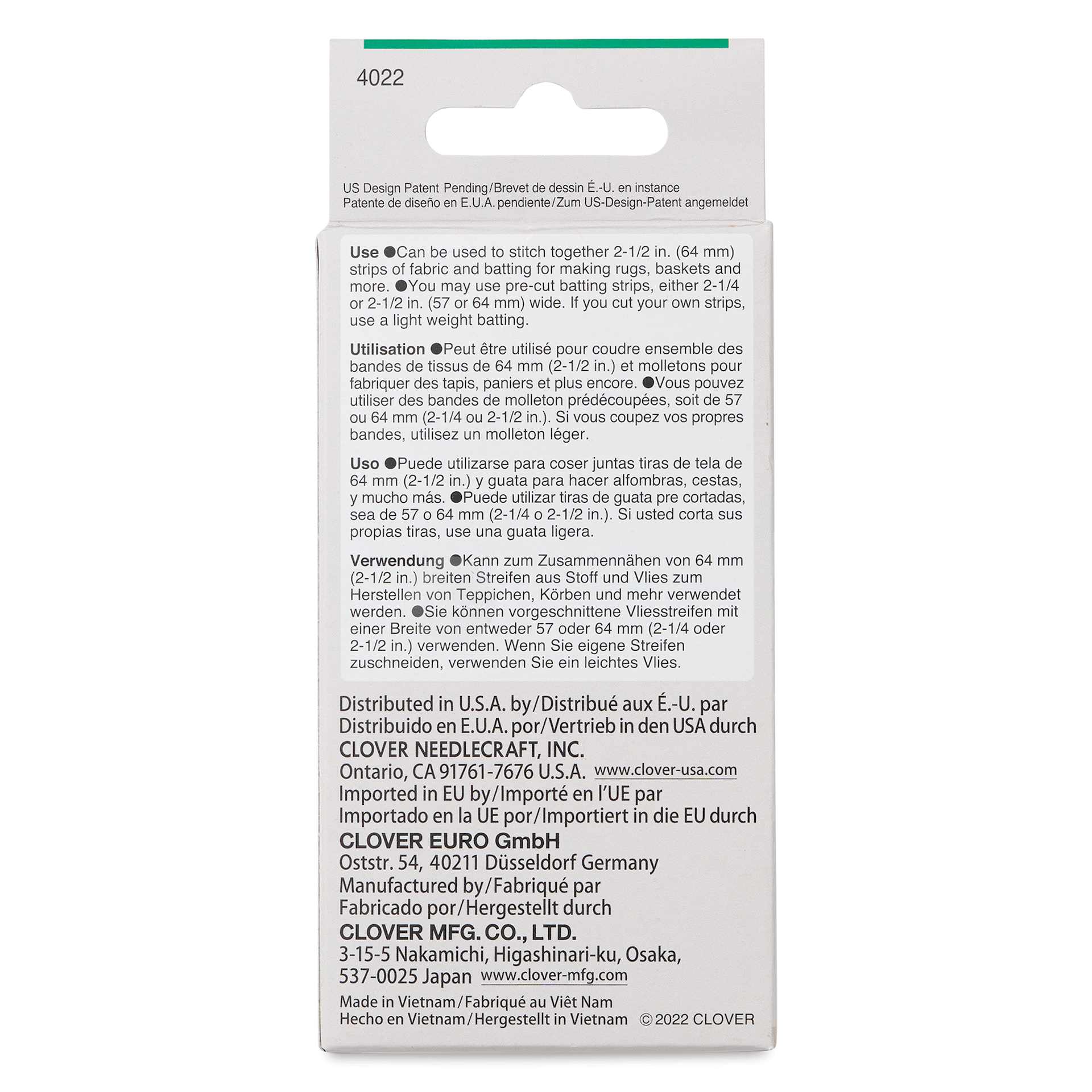 Clover Fabric Tube Maker, back of the packaging