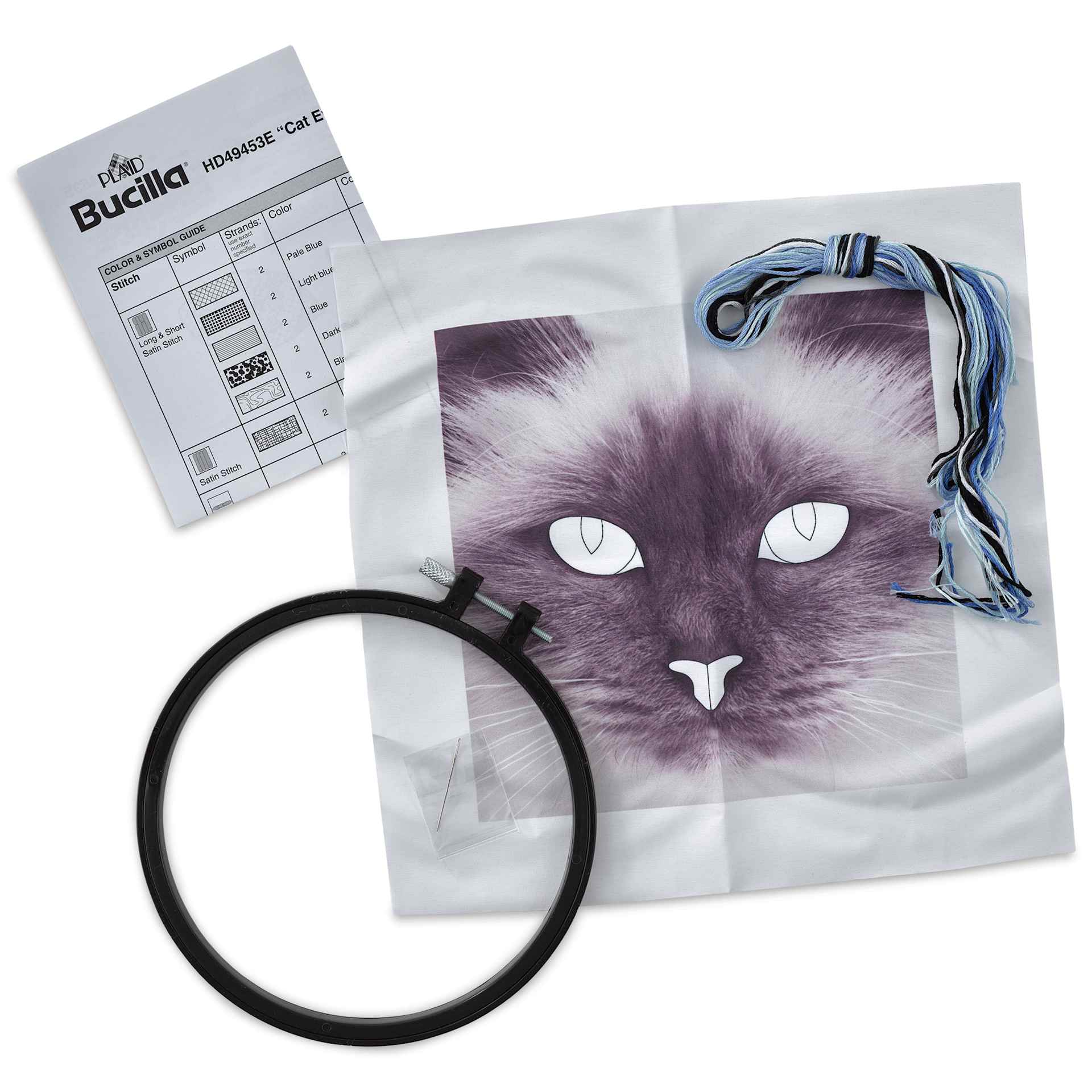 Bucilla Photographic Fabric Stamped Embroidery Kit - Cat Eyes contents