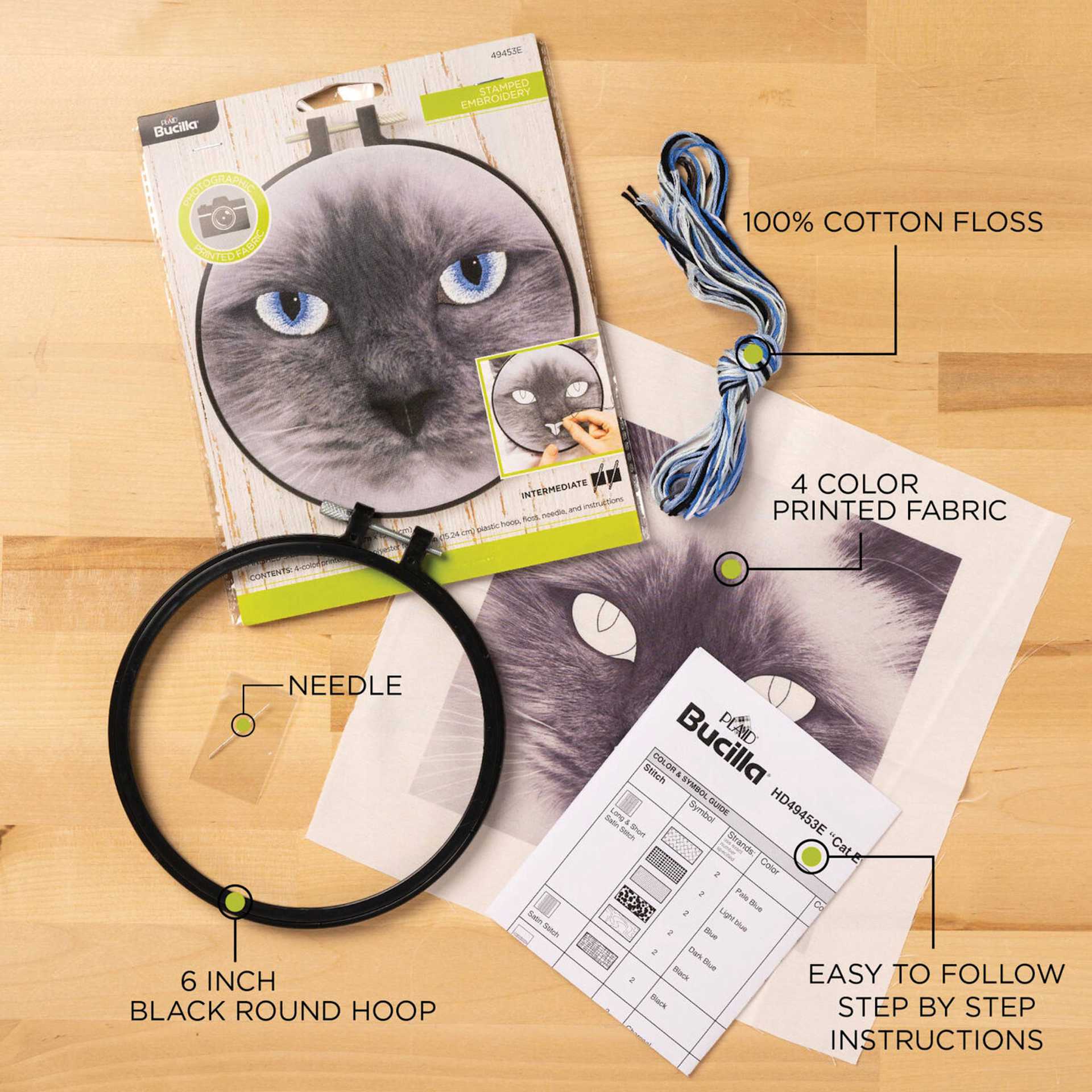 Bucilla Photographic Stamped Embroidery Kit - Cat Eyes labelled contents