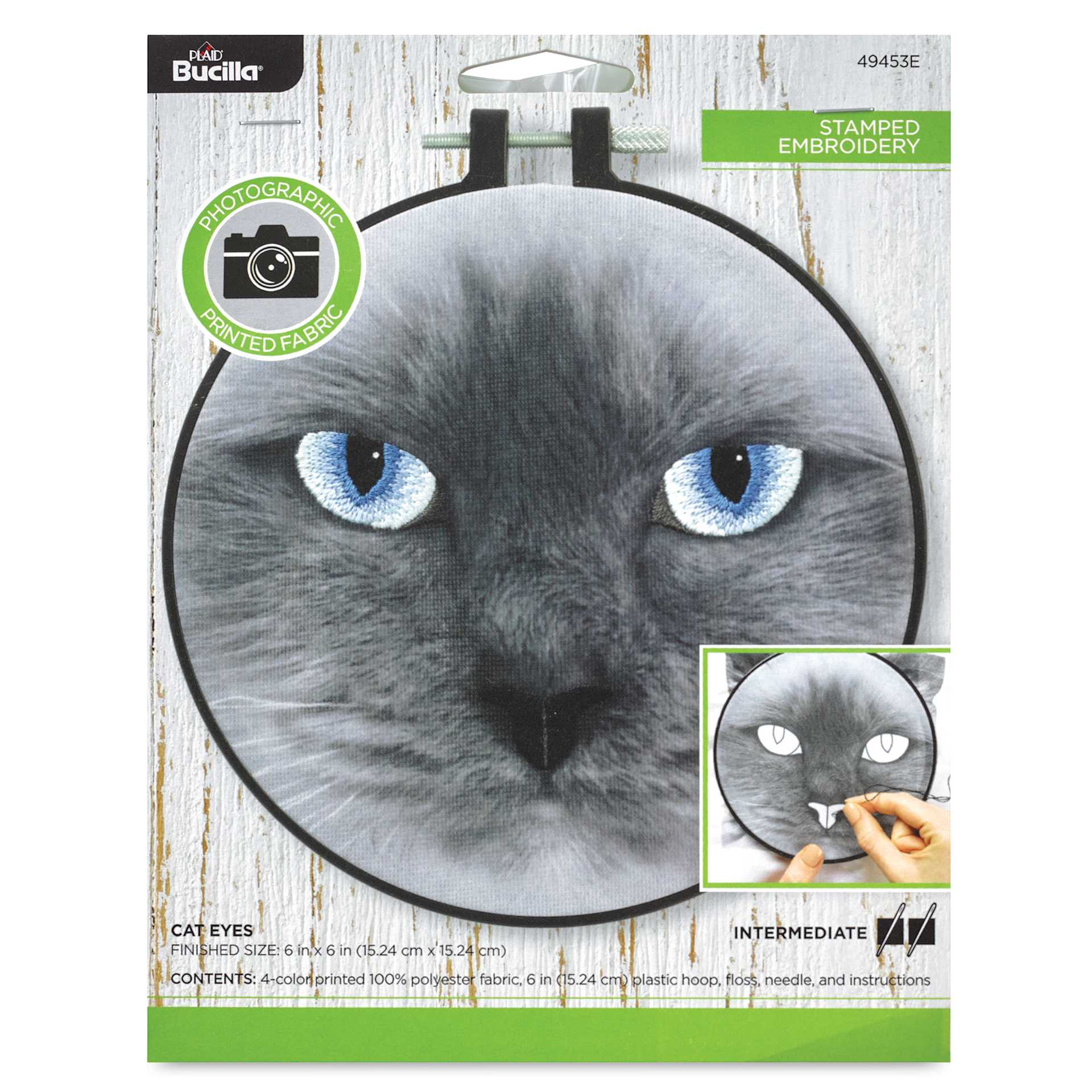 Bucilla Photographic Fabric Stamped Embroidery Kit - Cat Eyes front of packaging