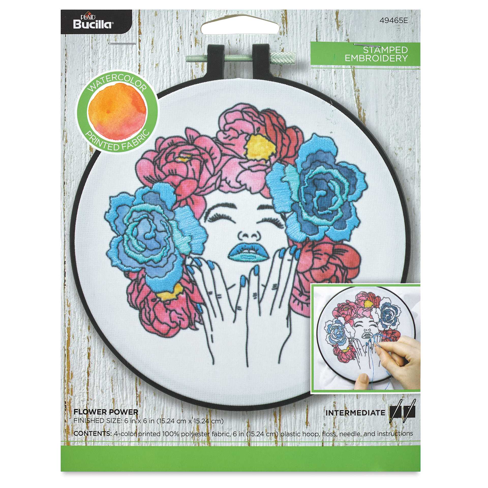 Bucilla Watercolor Stamped Fabric Embroidery Kit - Flower Power front of packaging